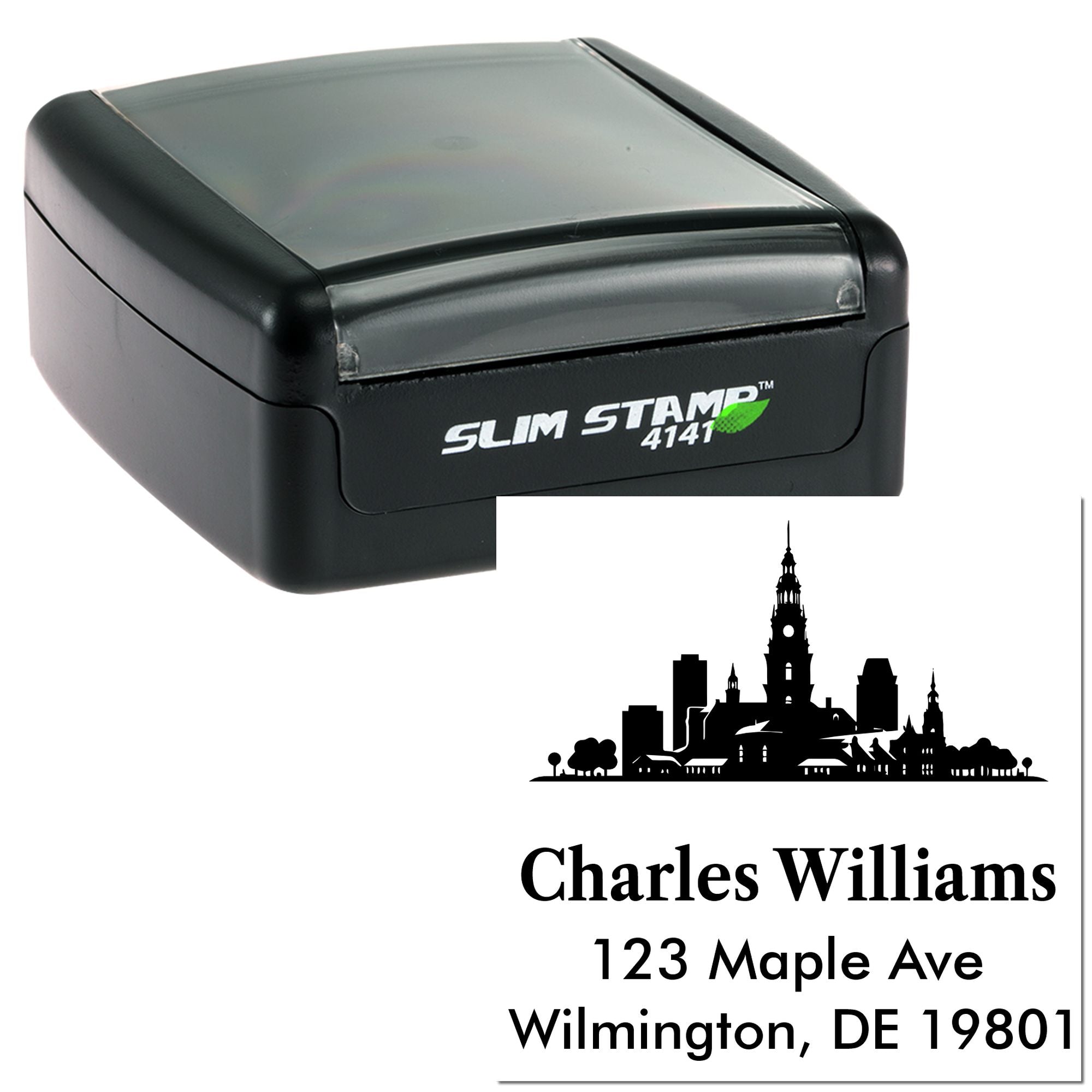 Custom self-inking rubber return address stamp with skyline design and personalized name and address imprint.