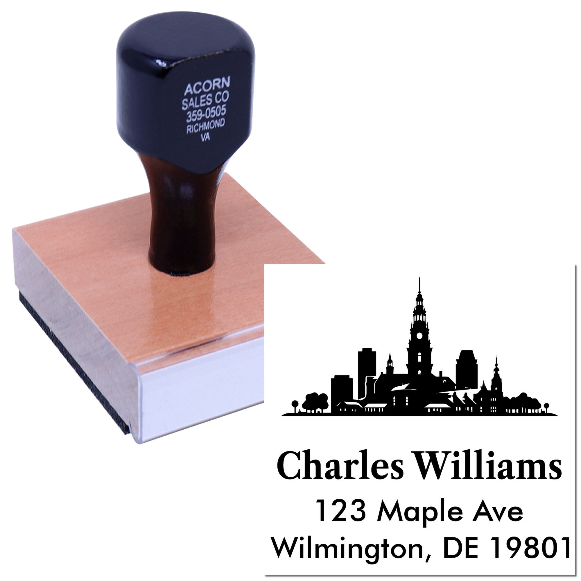 Custom rubber address stamp with skyline logo for business mailing and personalized branding