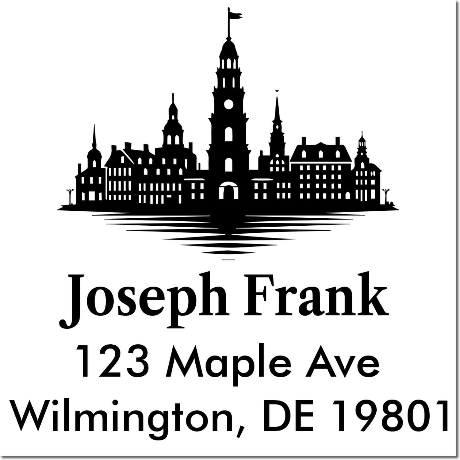 Custom return address rubber stamp with city skyline silhouette and personalized name, address, Wilmington, DE 19801.