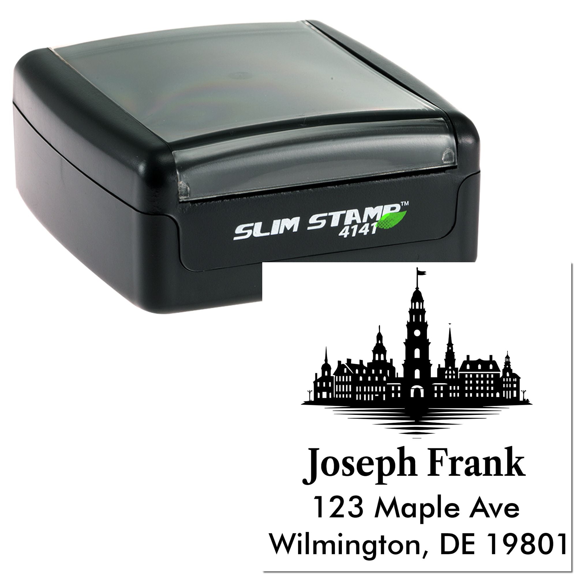Custom self-inking return address rubber stamp with skyline design for Joseph Frank, Wilmington DE 19801