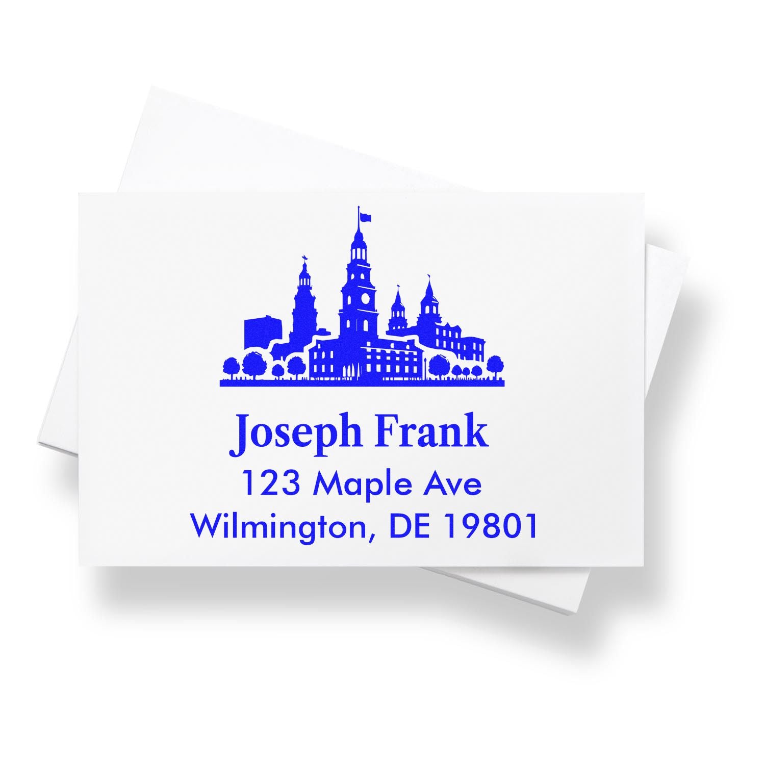 Custom return address rubber stamp with Wilmington skyline, Joseph Frank, 123 Maple Ave, Wilmington, DE 19801