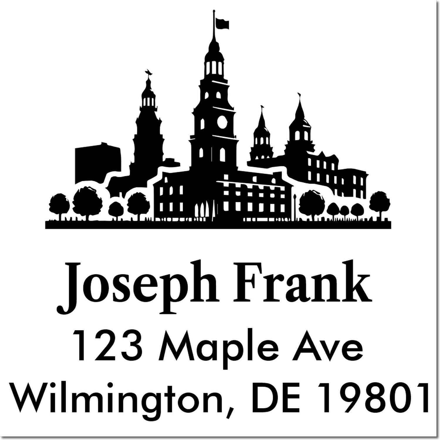 Personalized return address rubber stamp with city skyline silhouette for Joseph Frank, 123 Maple Ave, Wilmington, DE 19801