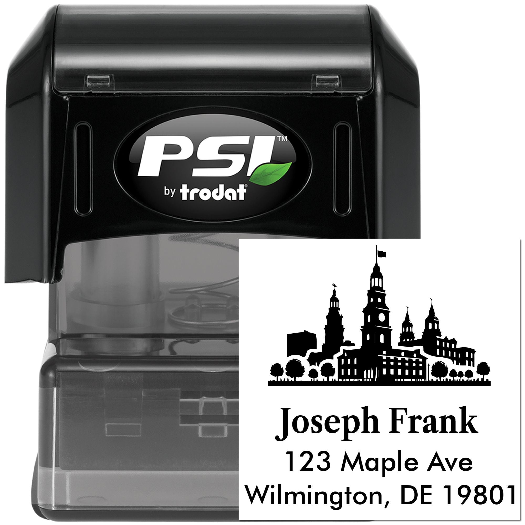 Custom self-inking rubber address stamp with skyline design for Joseph Frank, 123 Maple Ave, Wilmington, DE 19801