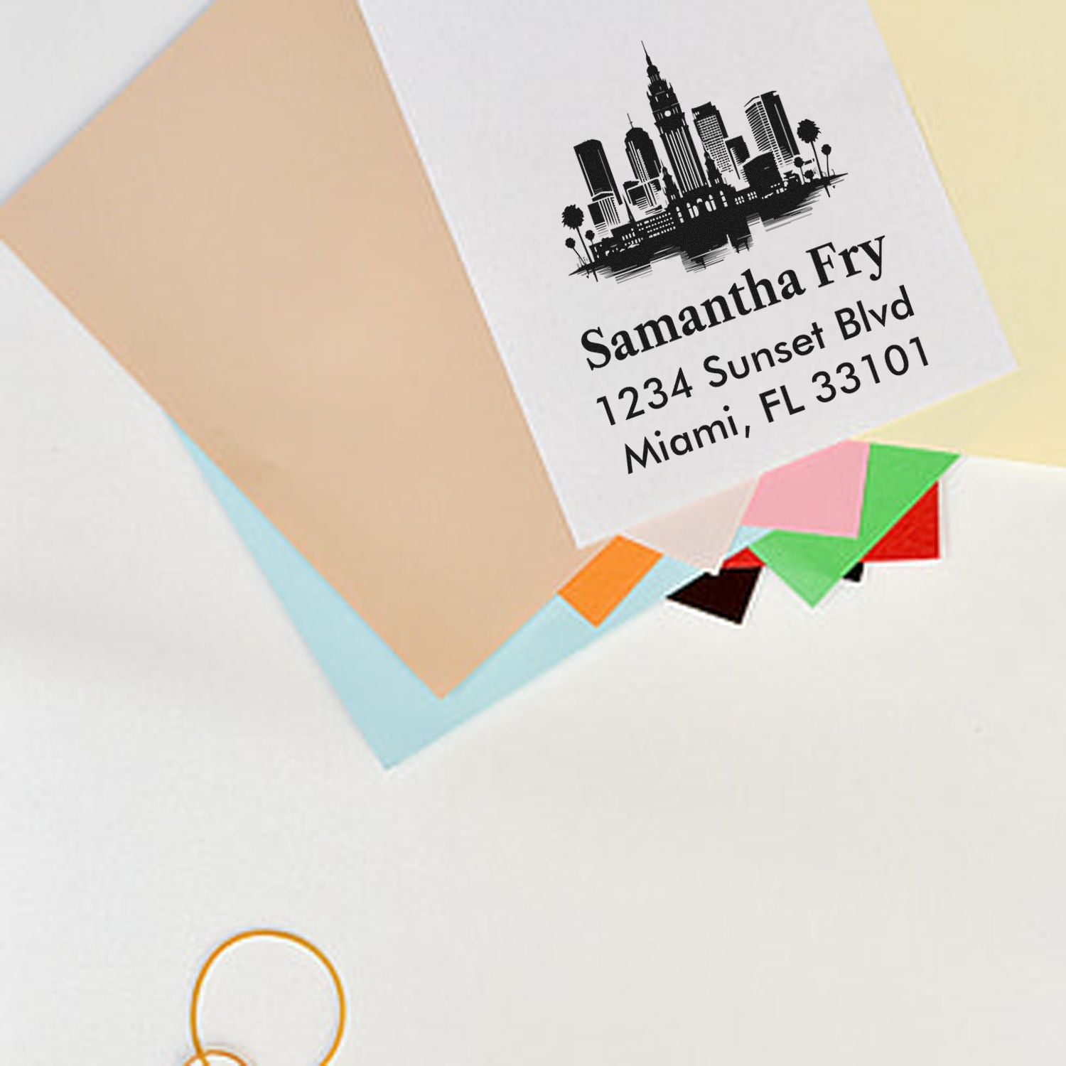 Custom rubber stamp return address with Miami skyline, name, and Miami, FL address for personalized envelopes.