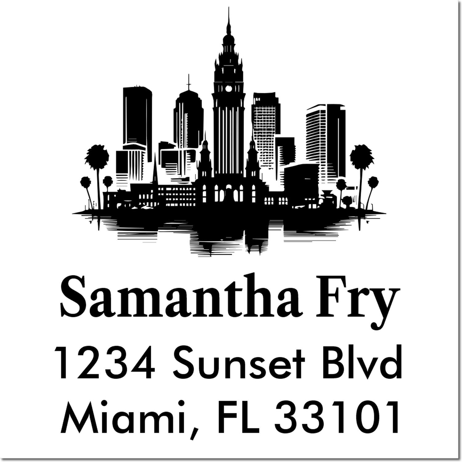 Custom Miami skyline return address rubber stamp for Samantha Fry, 1234 Sunset Blvd, Miami, FL 33101.