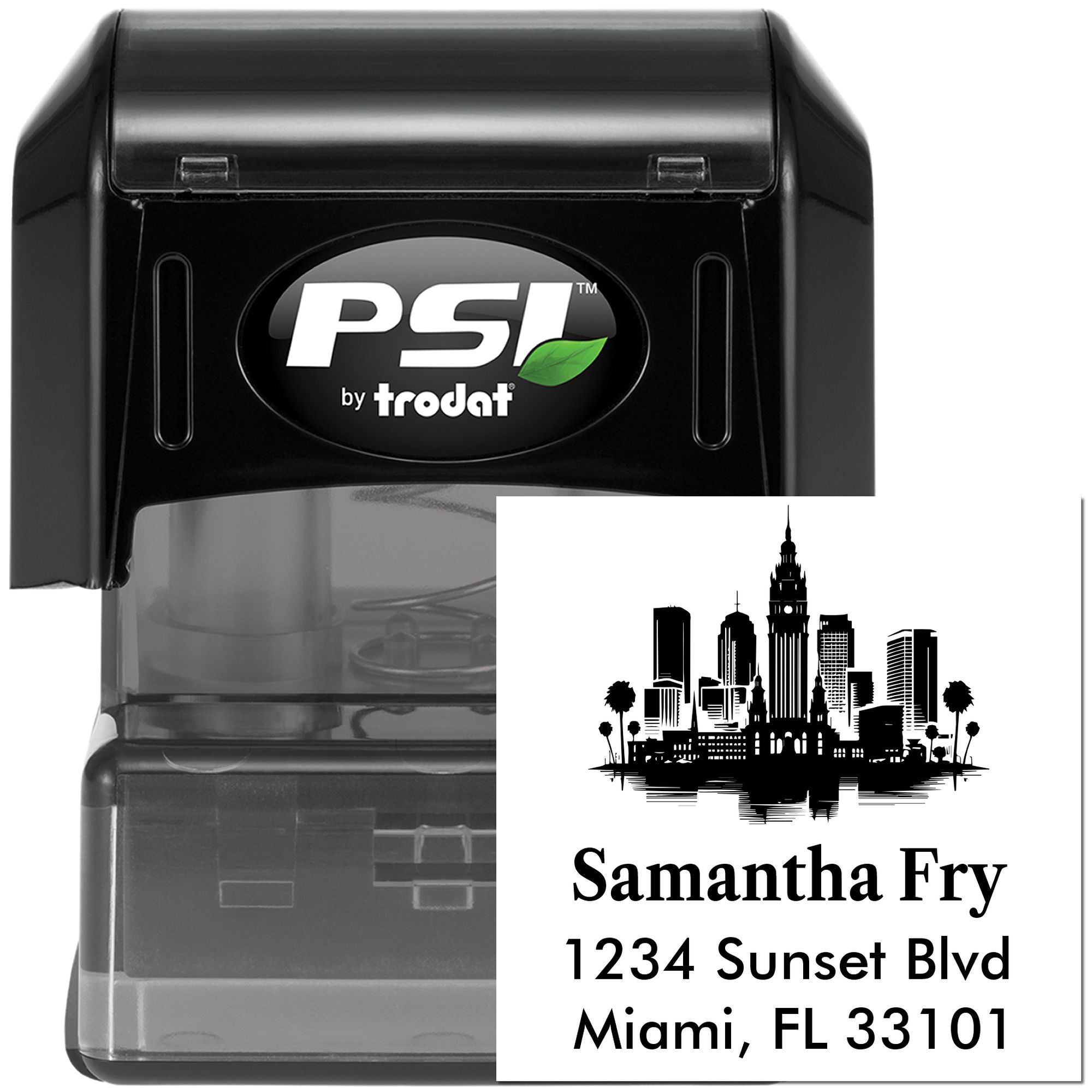 PSI by Trodat self-inking custom address rubber stamp with city skyline design and Miami address imprint