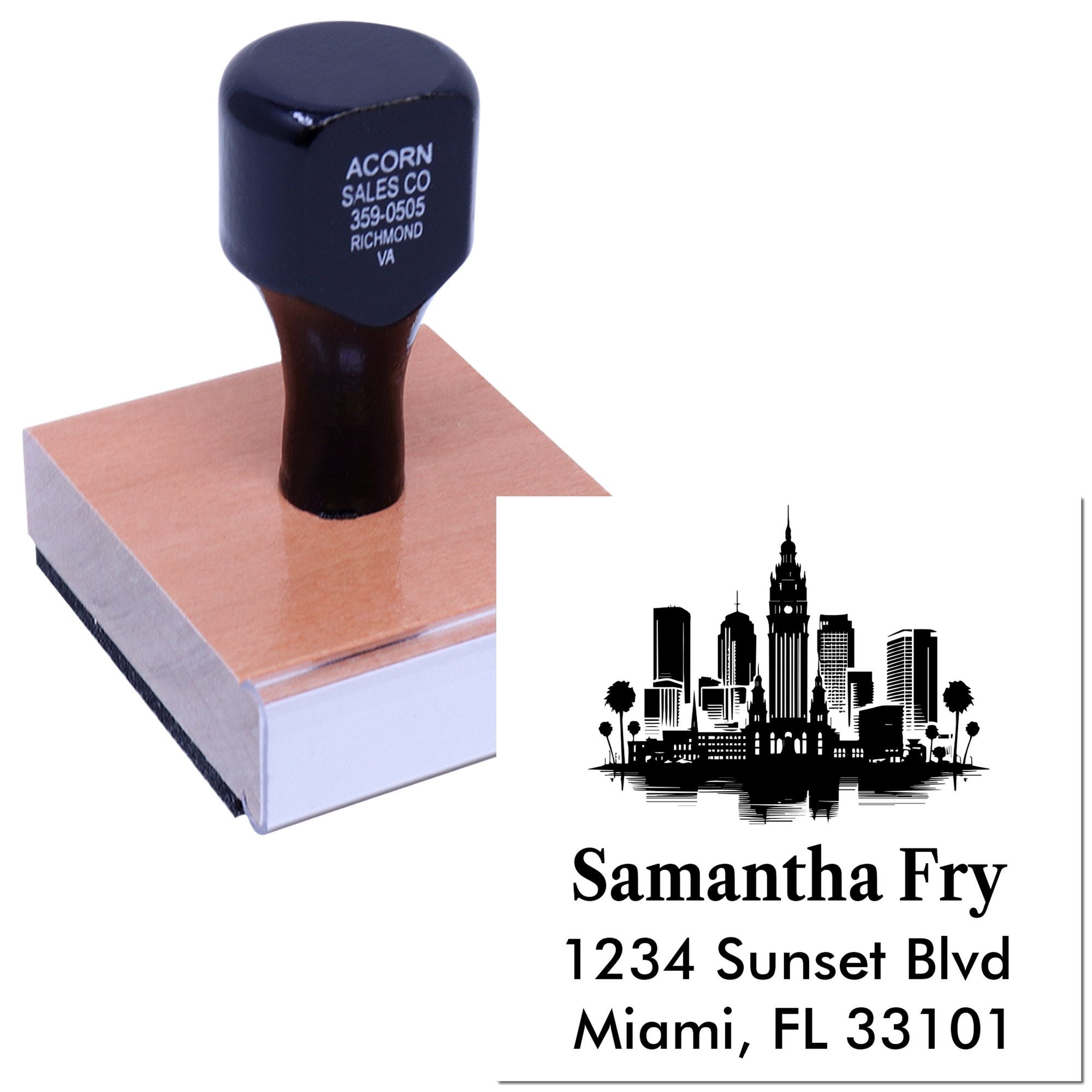 Custom self-inking address rubber stamp with Miami skyline logo and business return address for envelopes and mailings.