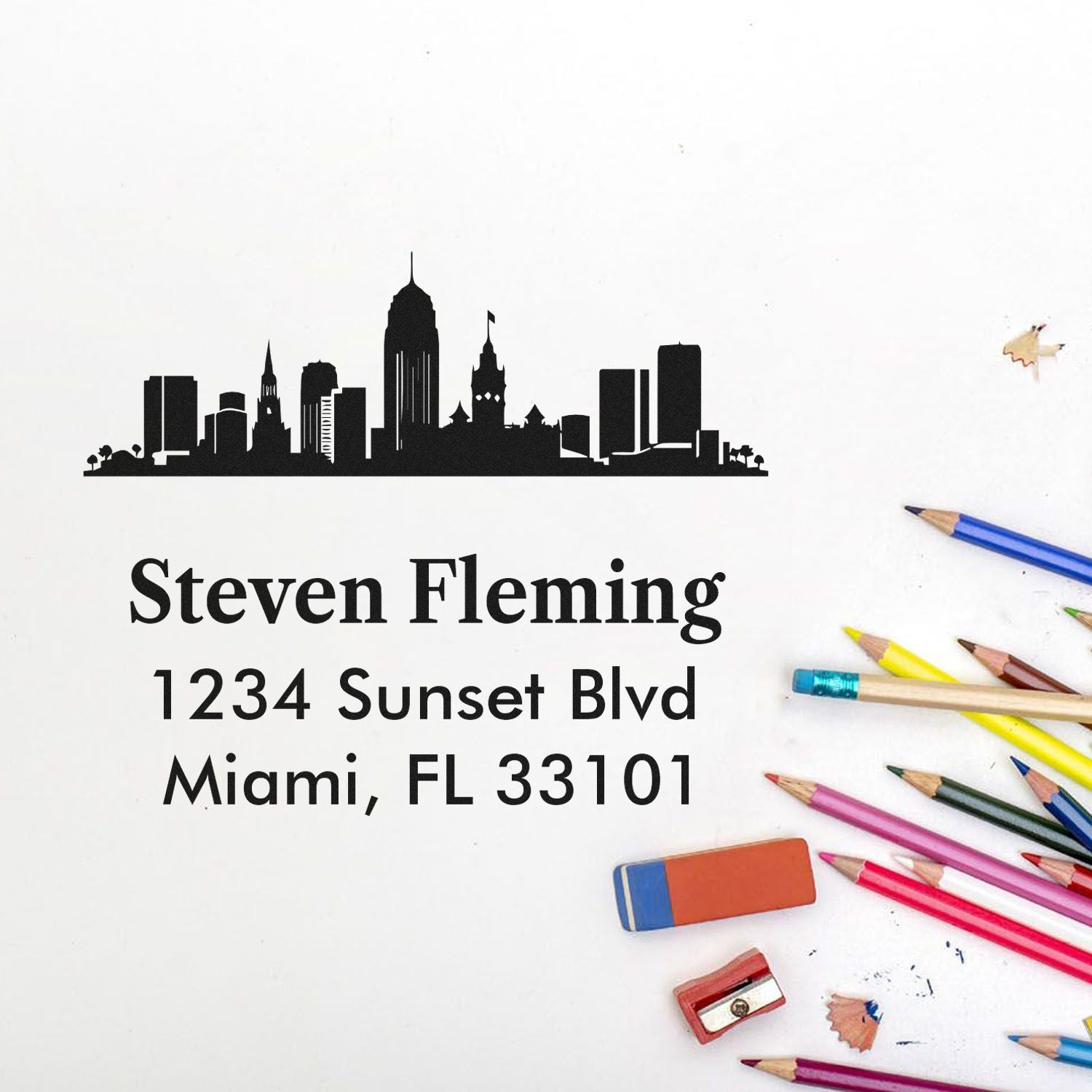 Custom return address rubber stamp with Miami skyline design for Steven Fleming, 1234 Sunset Blvd, Miami, FL 33101