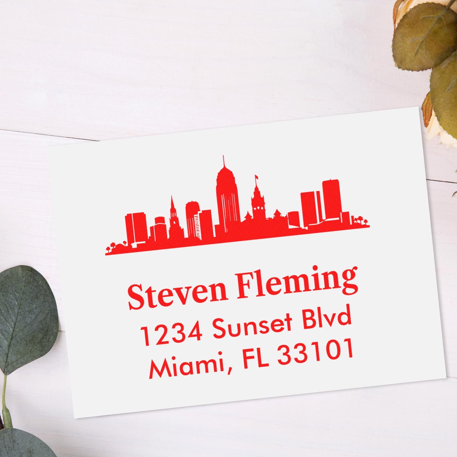 Custom Miami address rubber stamp with skyline design for personalized mail, showing name, street address, and ZIP code.