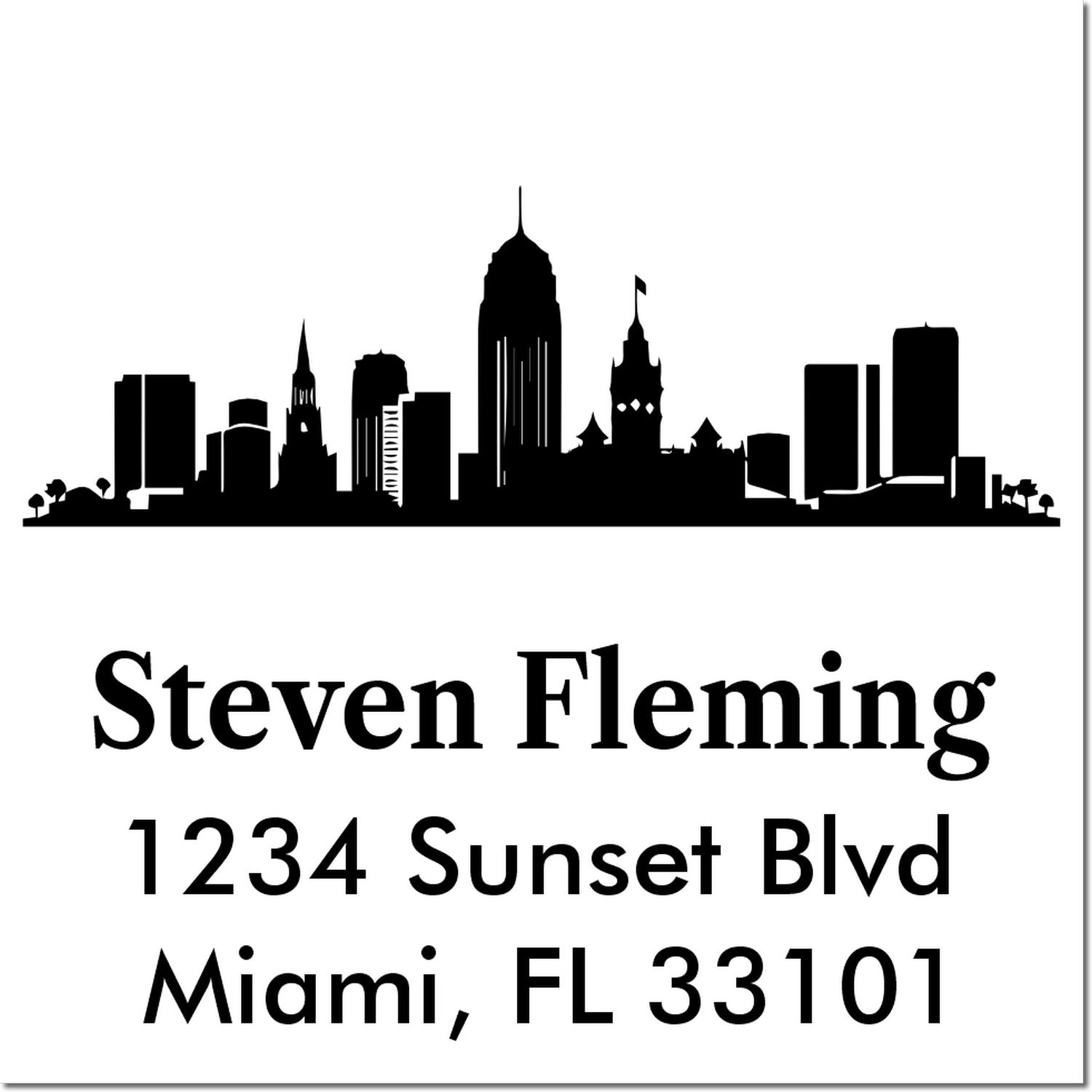 Custom Miami skyline address rubber stamp with personalized name, street address, and ZIP code for mailing.