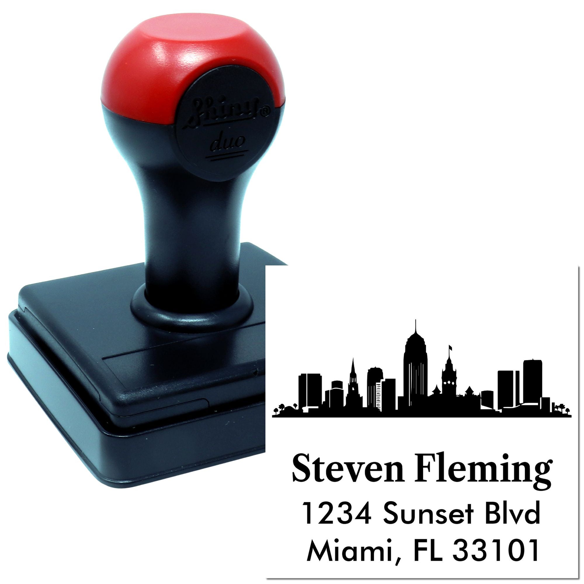 Custom self-inking rubber stamp with skyline address design for Miami, FL mailing labels and business correspondence.