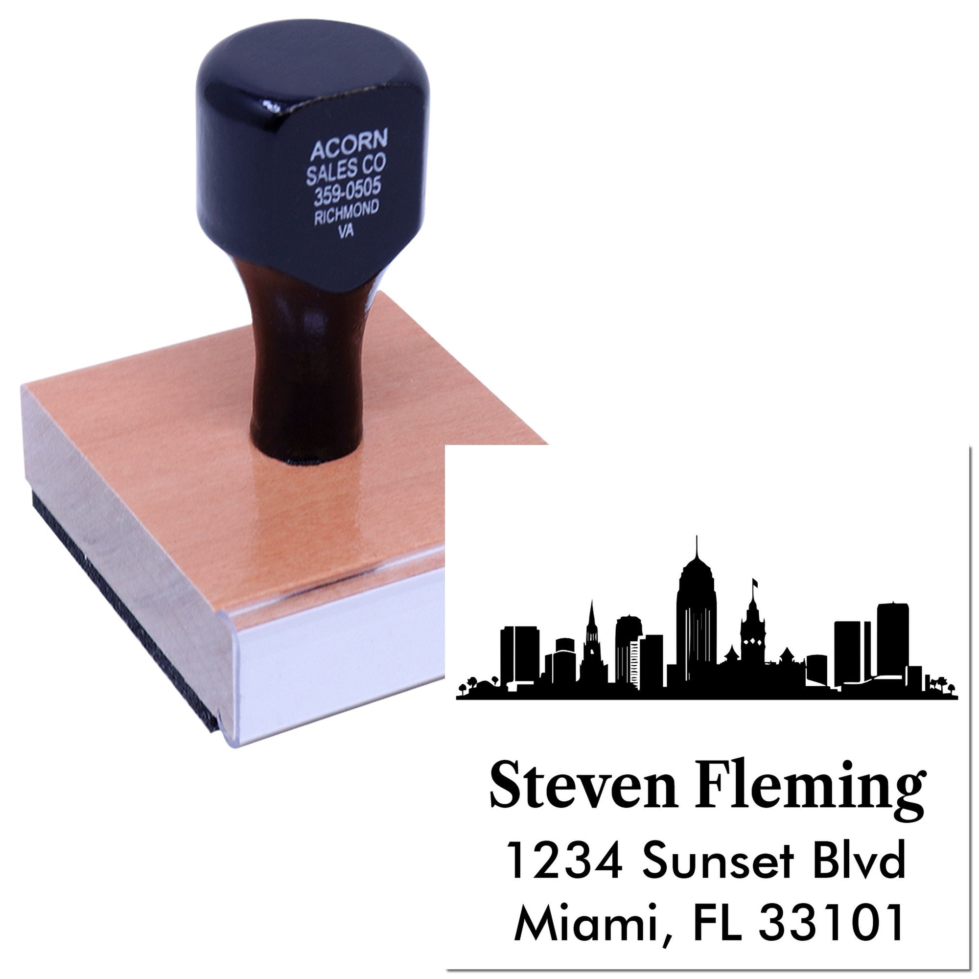 Custom business rubber stamp with skyline logo and address for professional mailings and branding.