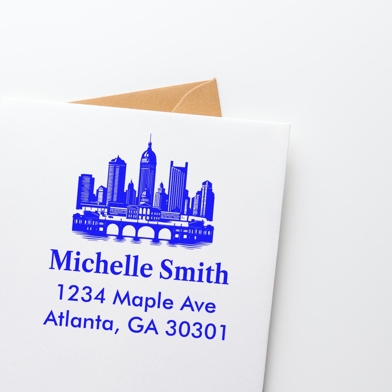 Custom Atlanta skyline return address rubber stamp with name and address on envelope, for personalized mailing.