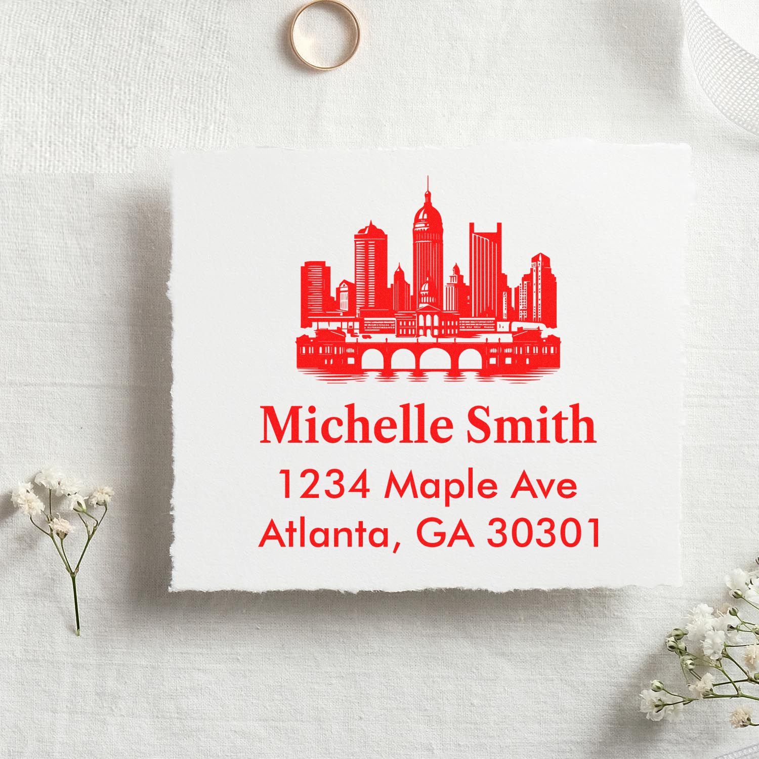 Personalized return address rubber stamp with Atlanta skyline, Michelle Smith, and Atlanta, GA 30301.