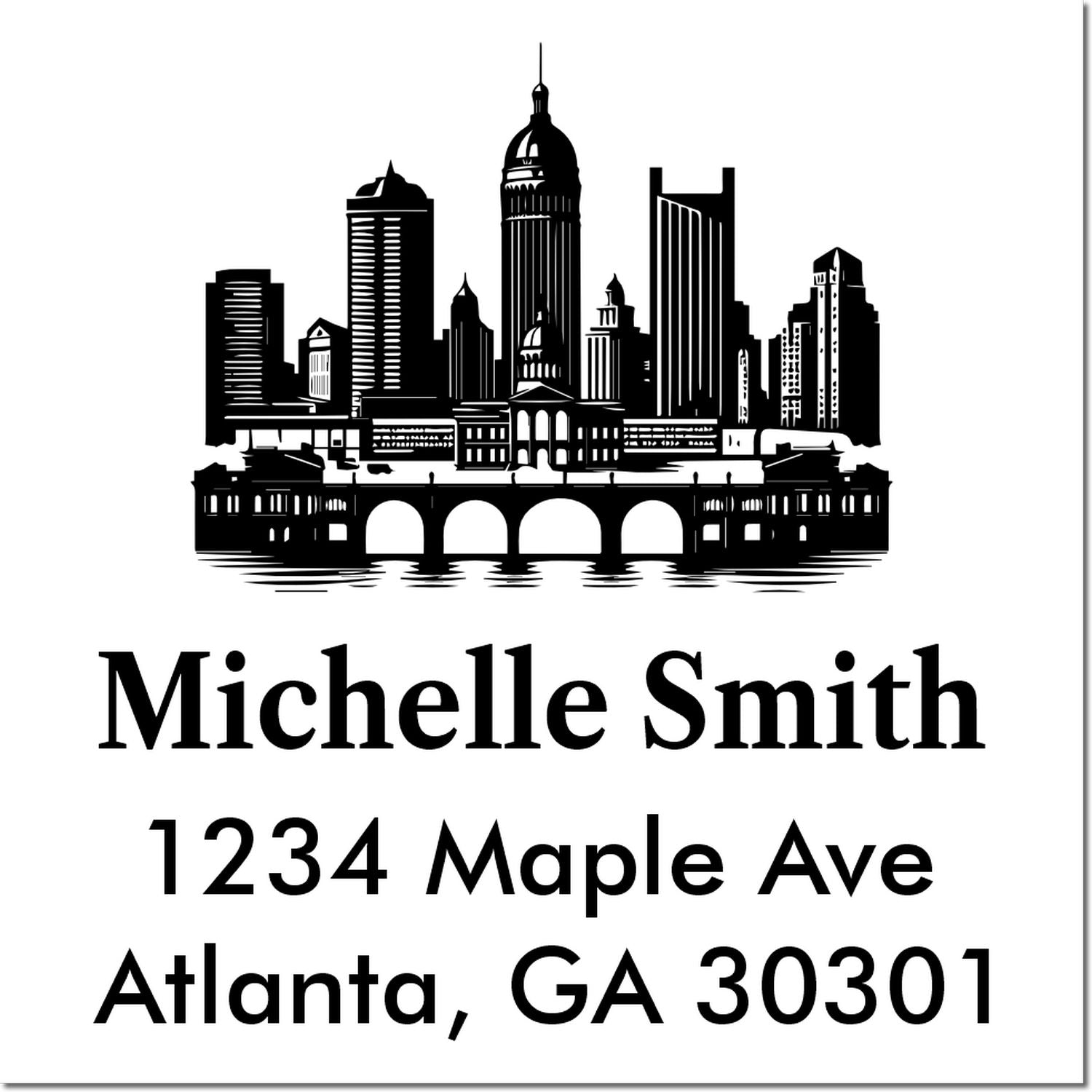 Custom Atlanta skyline return address rubber stamp with Michelle Smith, 1234 Maple Ave, Atlanta, GA 30301.