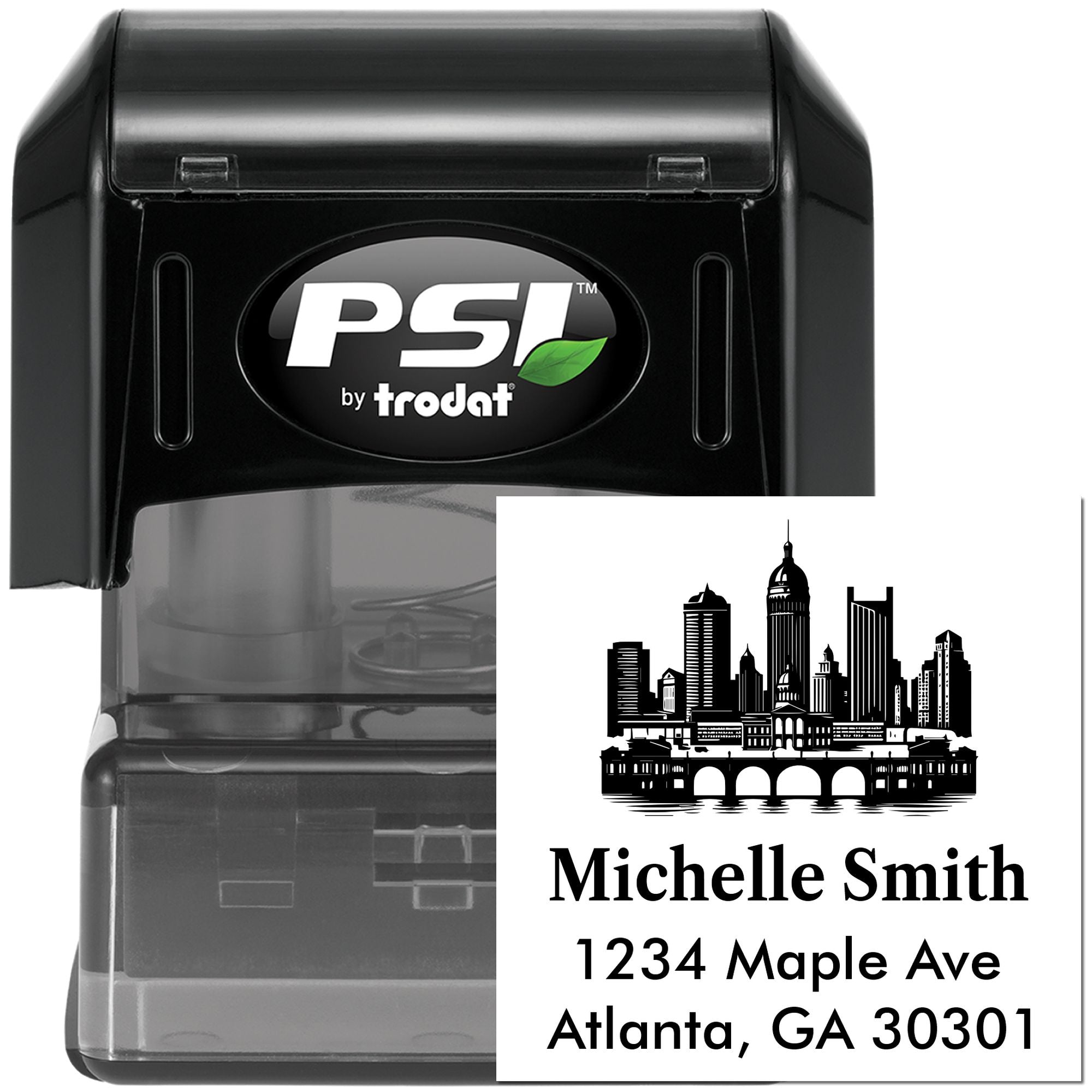 PSI by Trodat self-inking rubber stamp with custom Atlanta address and skyline design for Michelle Smith