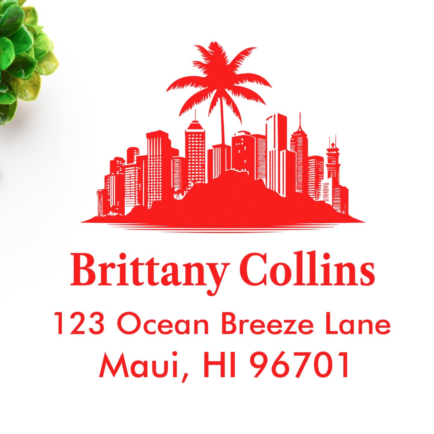 Custom tropical address rubber stamp for Brittany Collins, Maui, HI 96701 with palm tree skyline design.