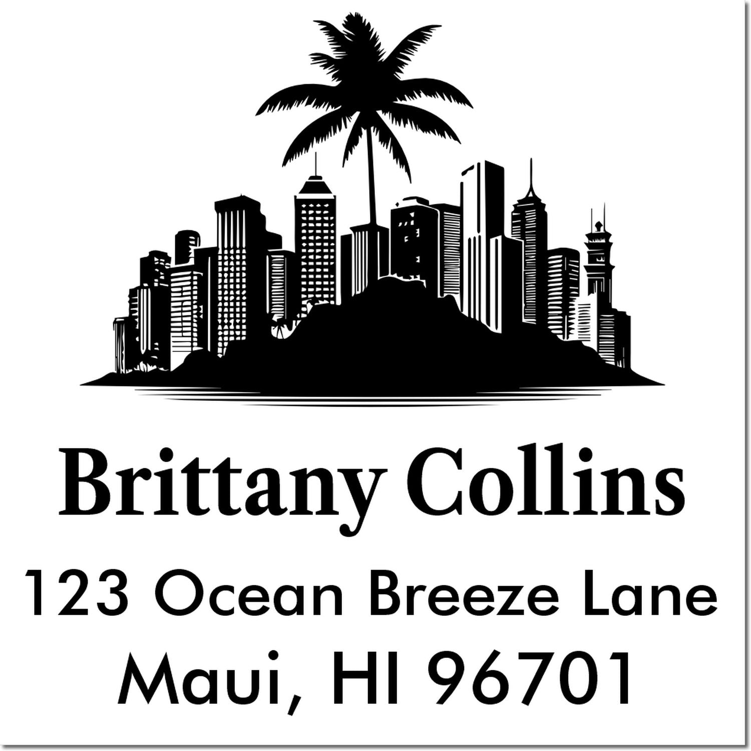 Custom rubber address stamp with palm tree skyline, Brittany Collins, 123 Ocean Breeze Lane, Maui, HI 96701.
