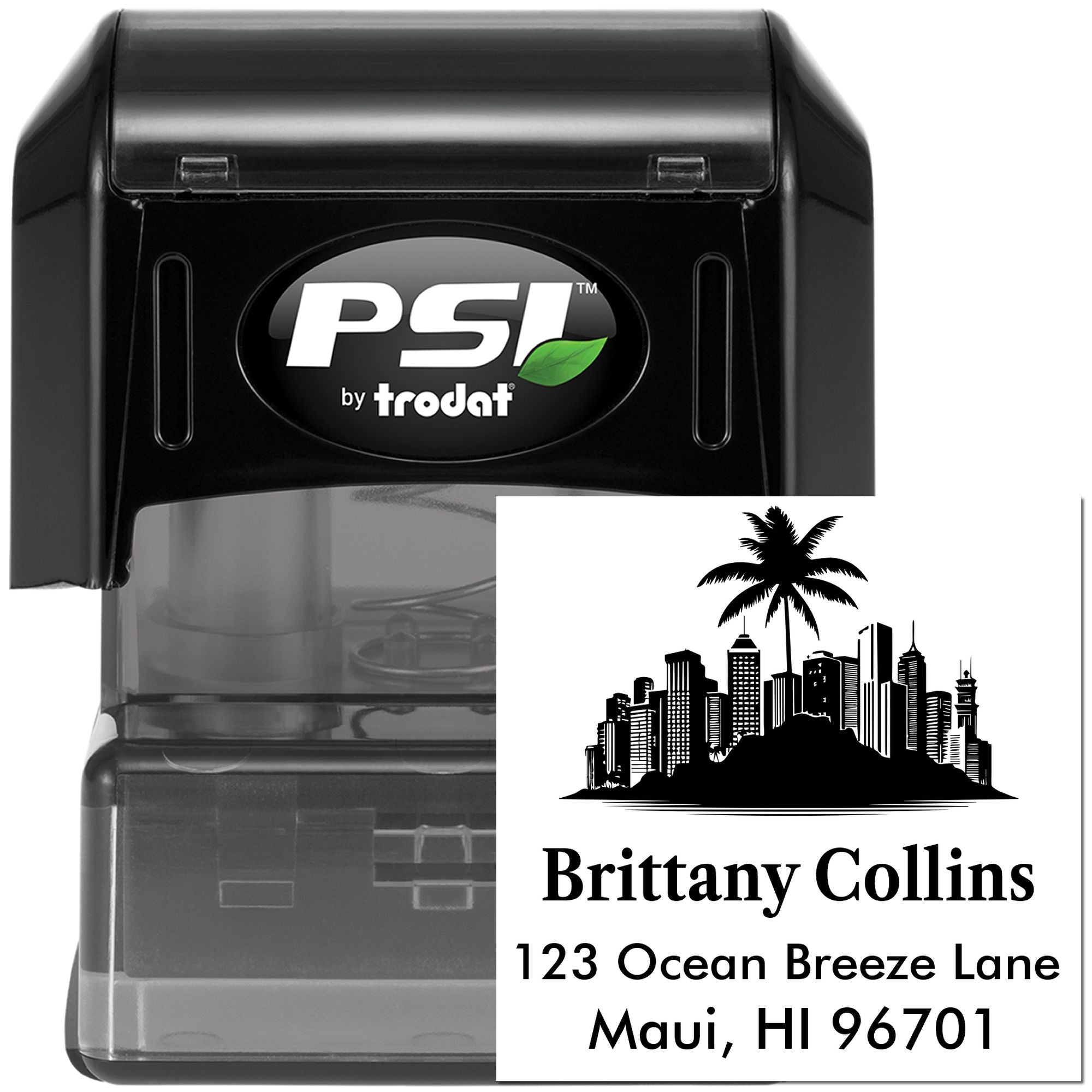 PSI by Trodat custom self-inking address rubber stamp with tropical skyline, name, and Maui, HI return address imprint