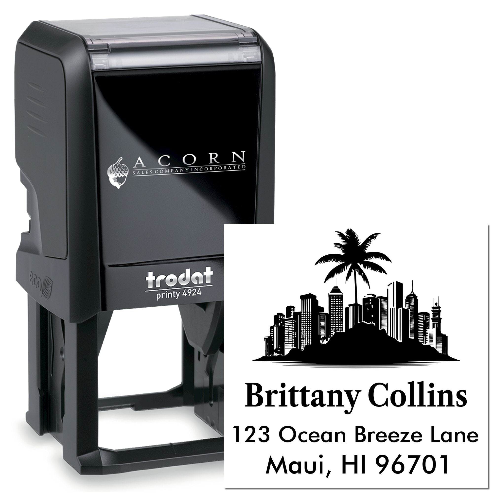 Trodat self-inking rubber stamp with custom address and logo, shown with Maui return address imprint.