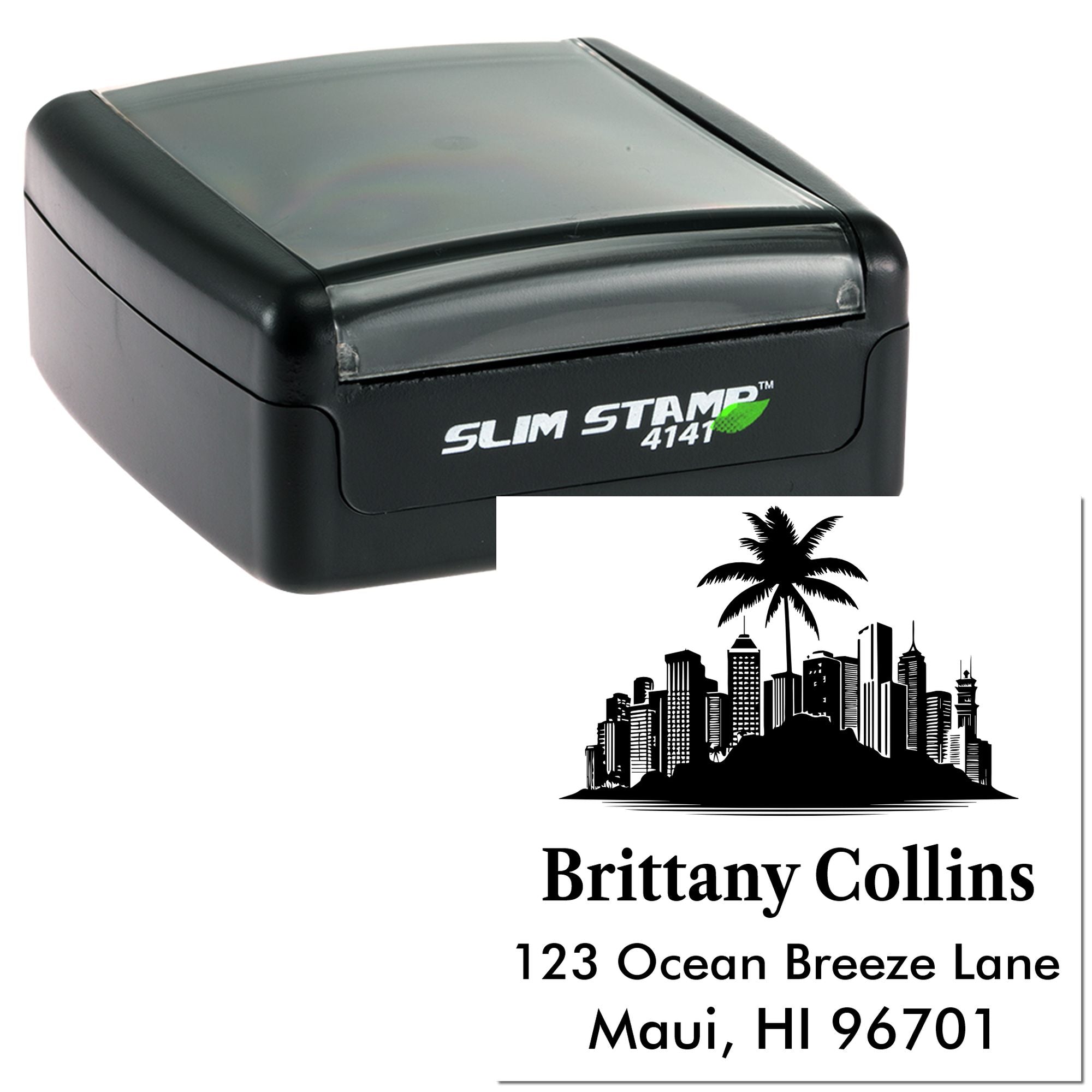 Custom self-inking rubber address stamp with tropical skyline design for Brittany Collins, Maui, HI.
