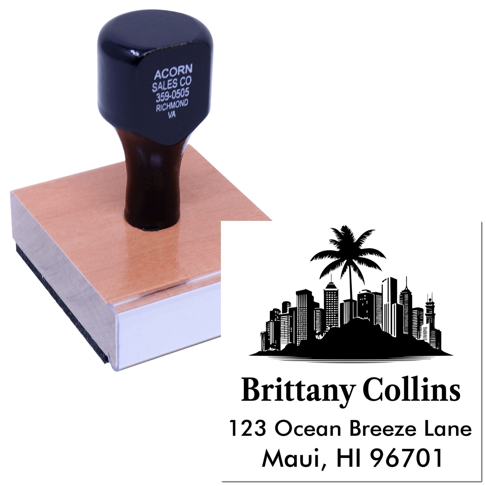 Custom self-inking return address rubber stamp with palm tree skyline for Brittany Collins, Maui, HI