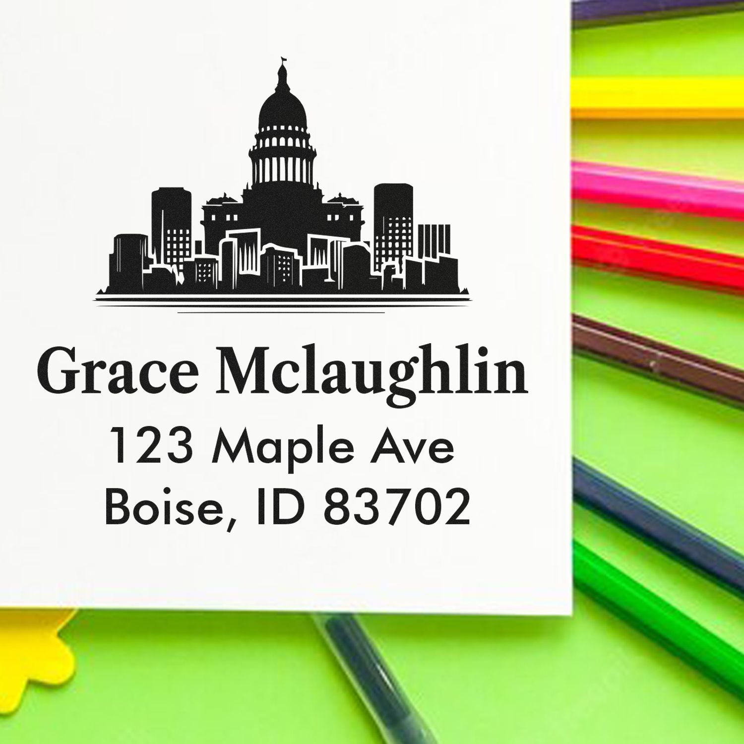 Custom Boise, ID address rubber stamp with skyline design, showing name and mailing address for envelopes and packages.
