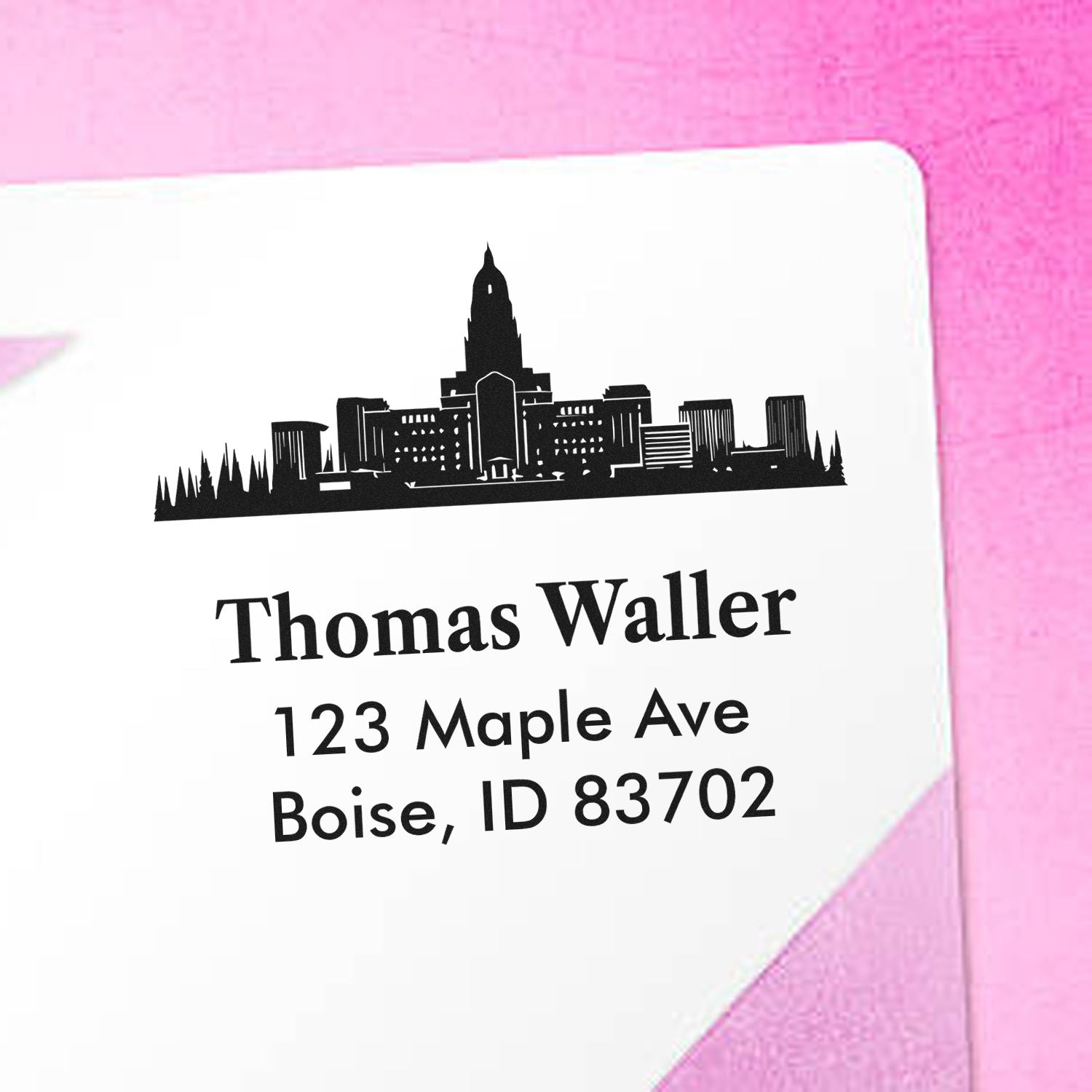 Custom return address rubber stamp with Boise skyline and Thomas Waller address for envelopes and mailings