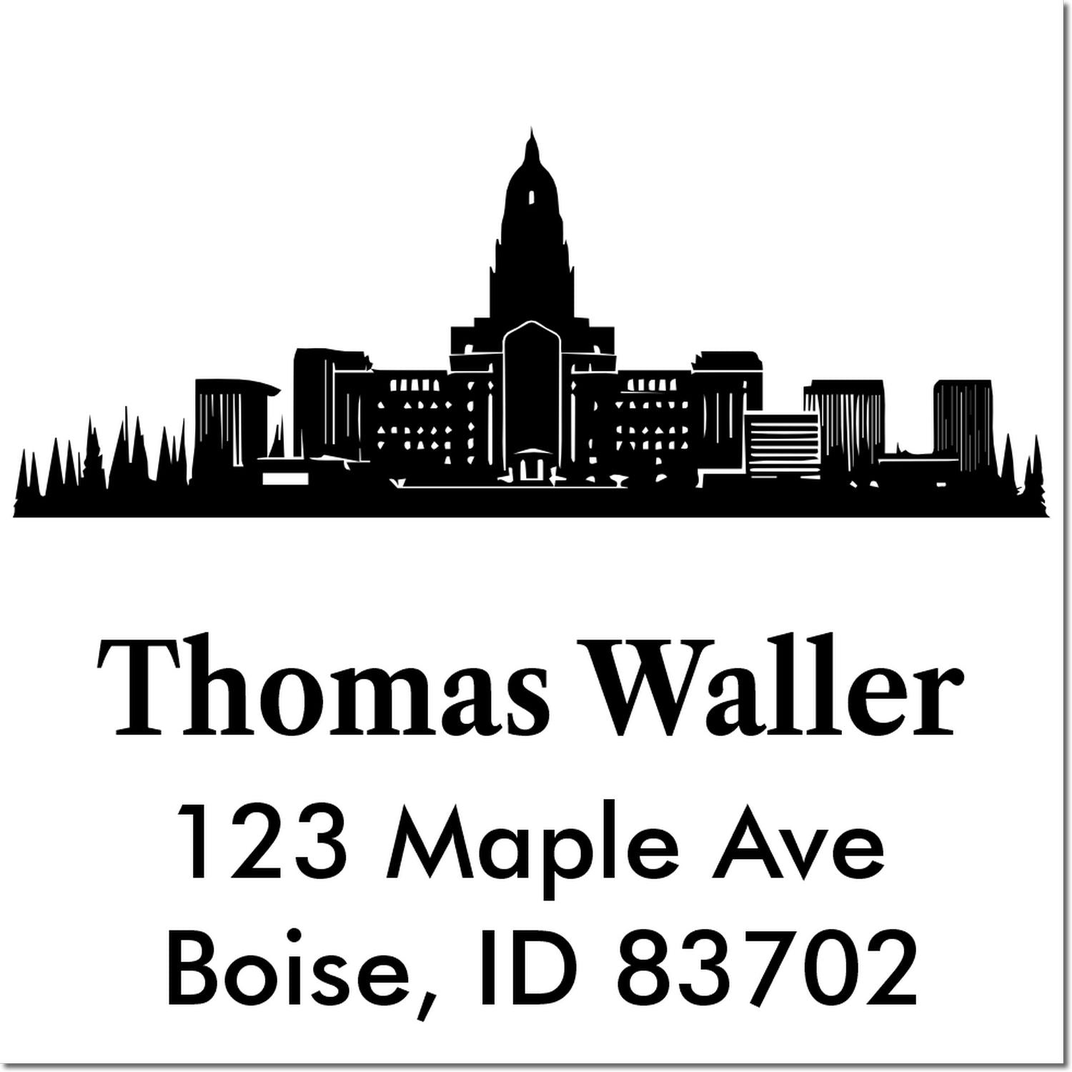 Custom address rubber stamp with Boise skyline silhouette for Thomas Waller, 123 Maple Ave, Boise, ID 83702.