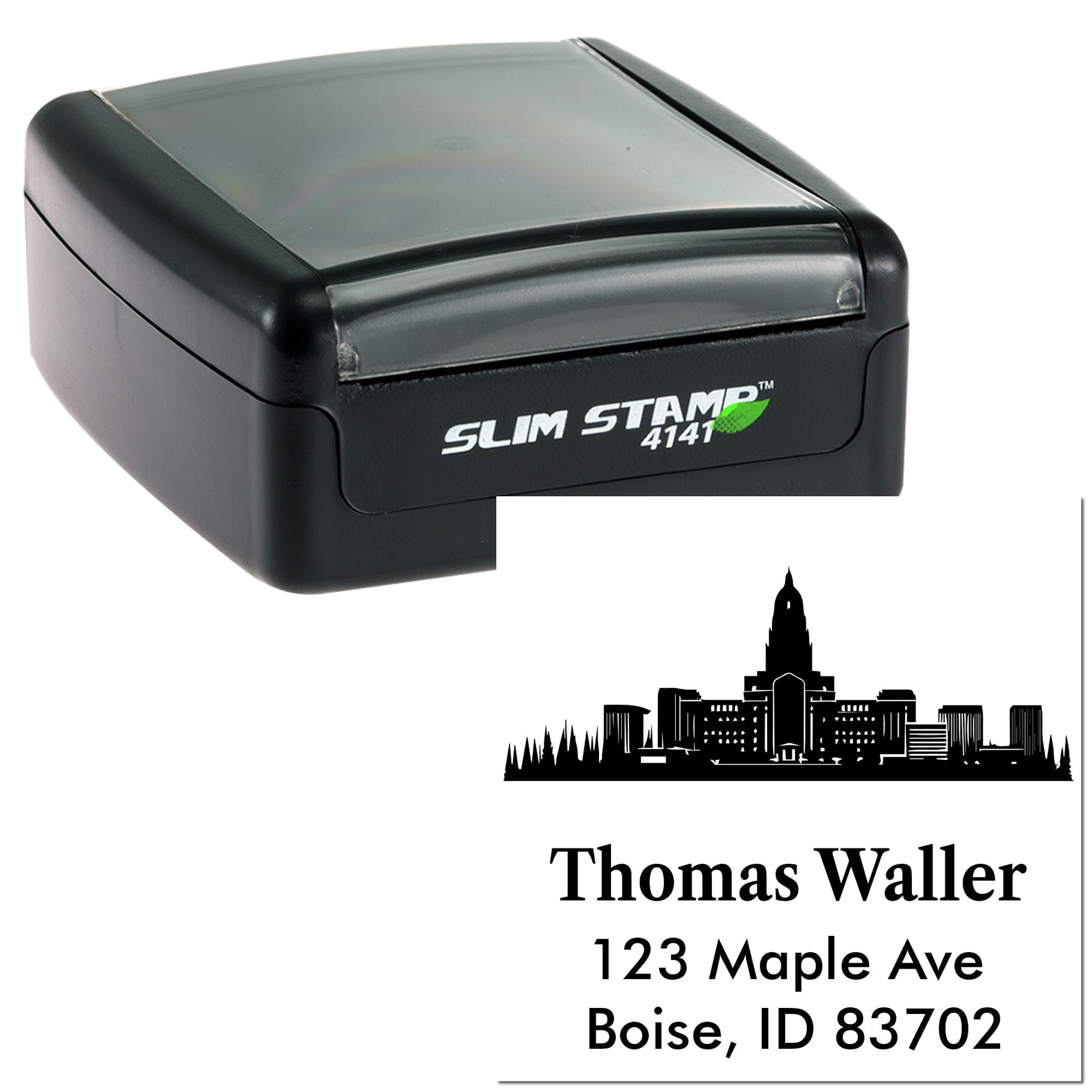 Slim Stamp 4141 self-inking address rubber stamp with custom name, Boise, ID address, and city skyline design.