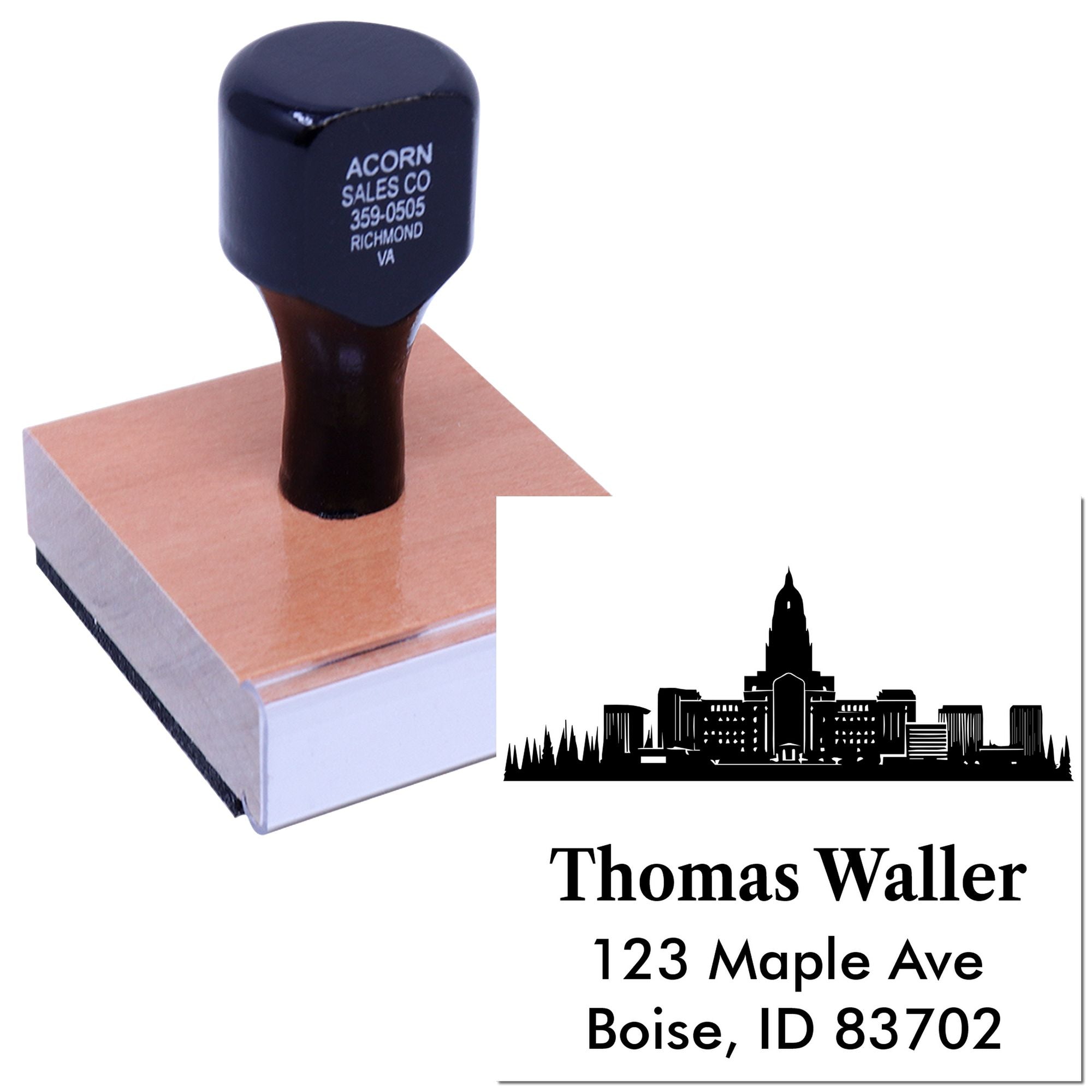 Custom return address rubber stamp with skyline design, featuring Thomas Waller, 123 Maple Ave, Boise, ID 83702.