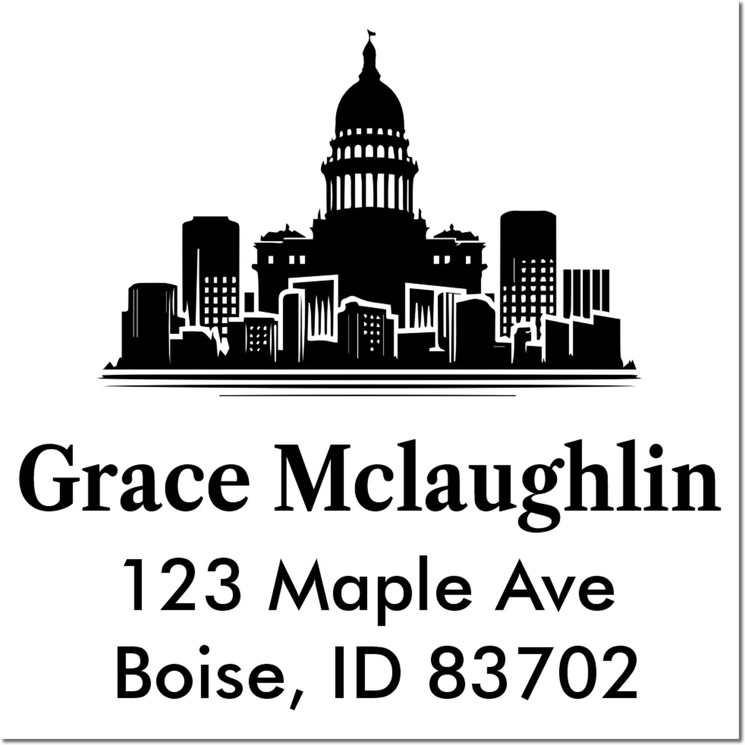Custom return address rubber stamp with Boise skyline and Capitol silhouette for Grace McLaughlin, 123 Maple Ave, Boise, ID 83702.
