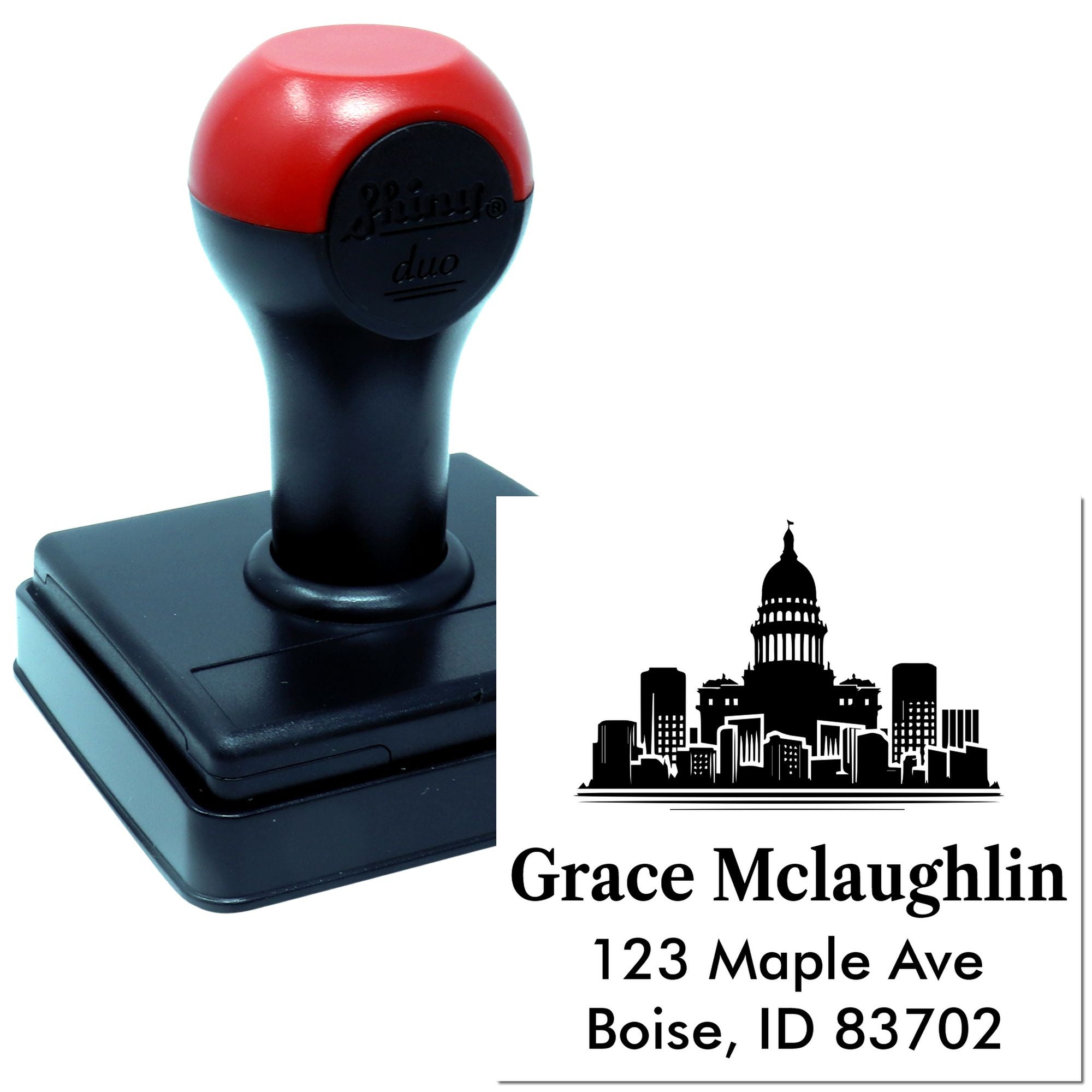 Custom self-inking rubber address stamp with skyline logo for Grace McLaughlin, Boise, ID 83702