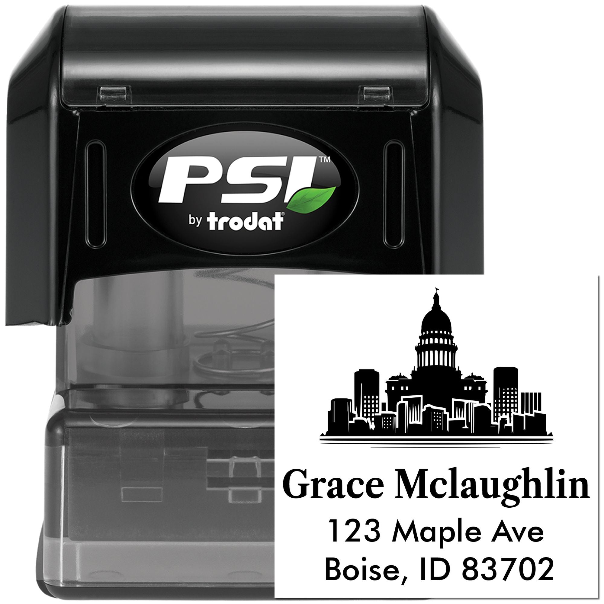 Custom self-inking rubber address stamp with skyline design for Grace McLaughlin, Boise, ID by PSI Trodat.