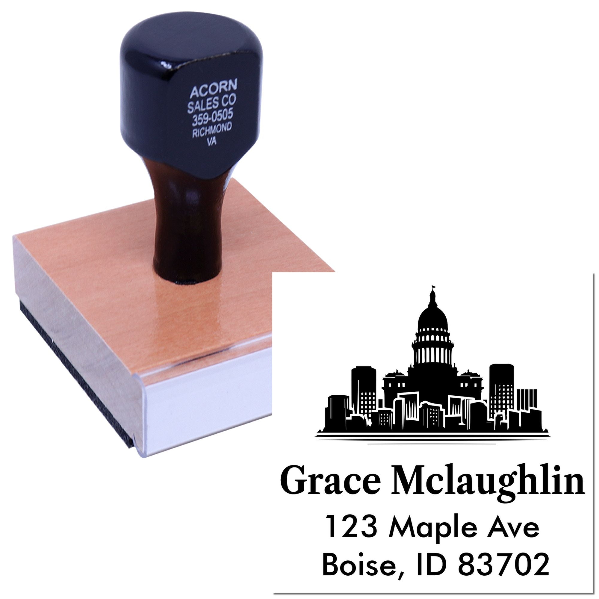 Custom address rubber stamp with skyline logo, name, and address for business mailings and return address use.