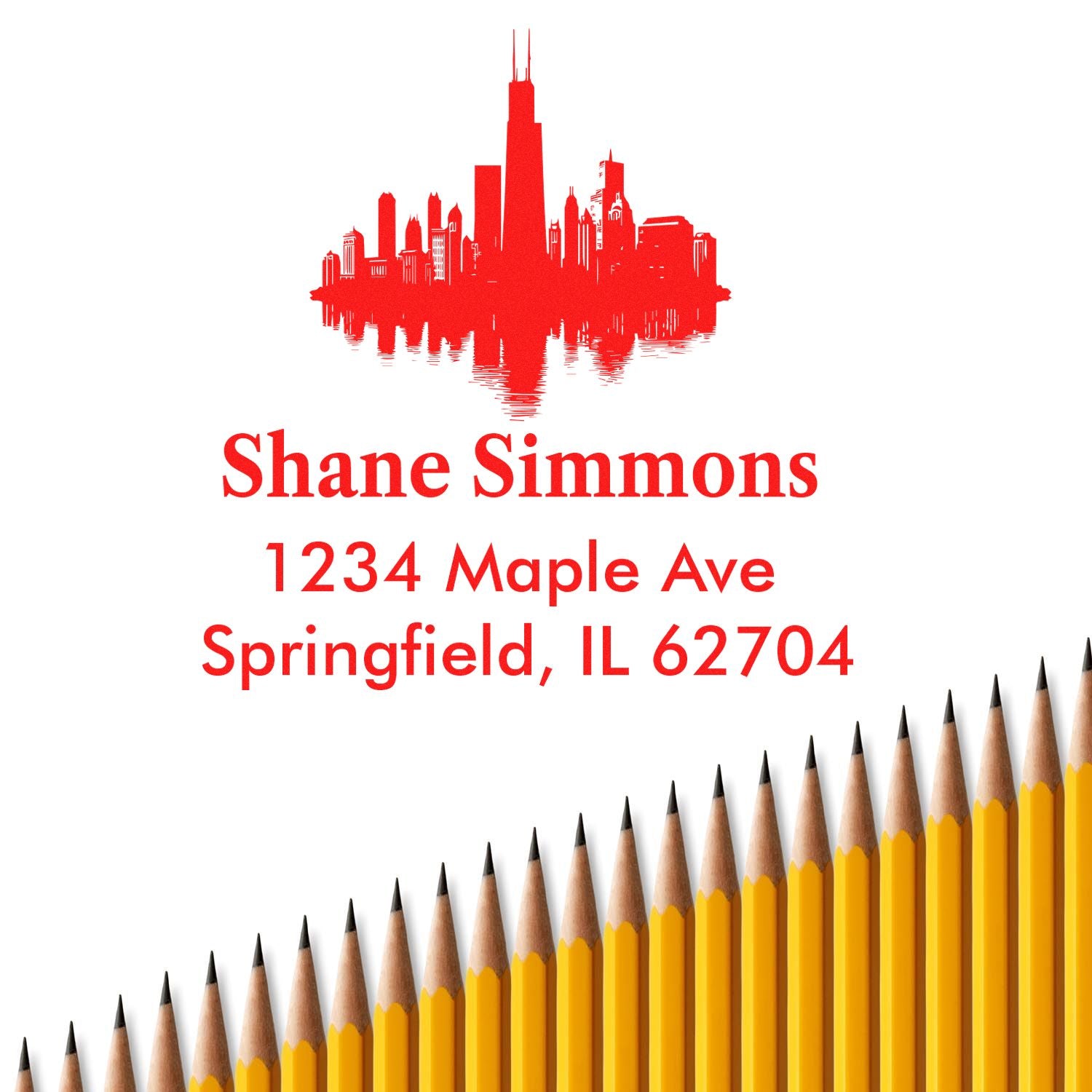 Custom return address rubber stamp with city skyline, Shane Simmons, 1234 Maple Ave, Springfield, IL 62704