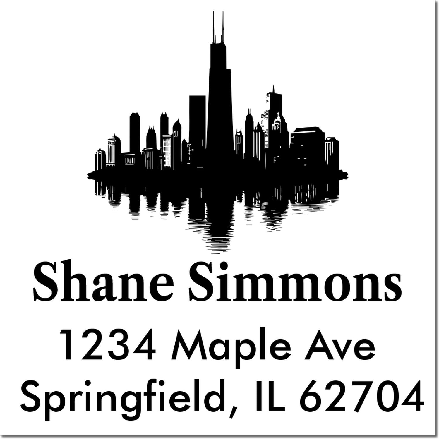 Custom personalized rubber address stamp with skyline, Shane Simmons, 1234 Maple Ave, Springfield, IL 62704