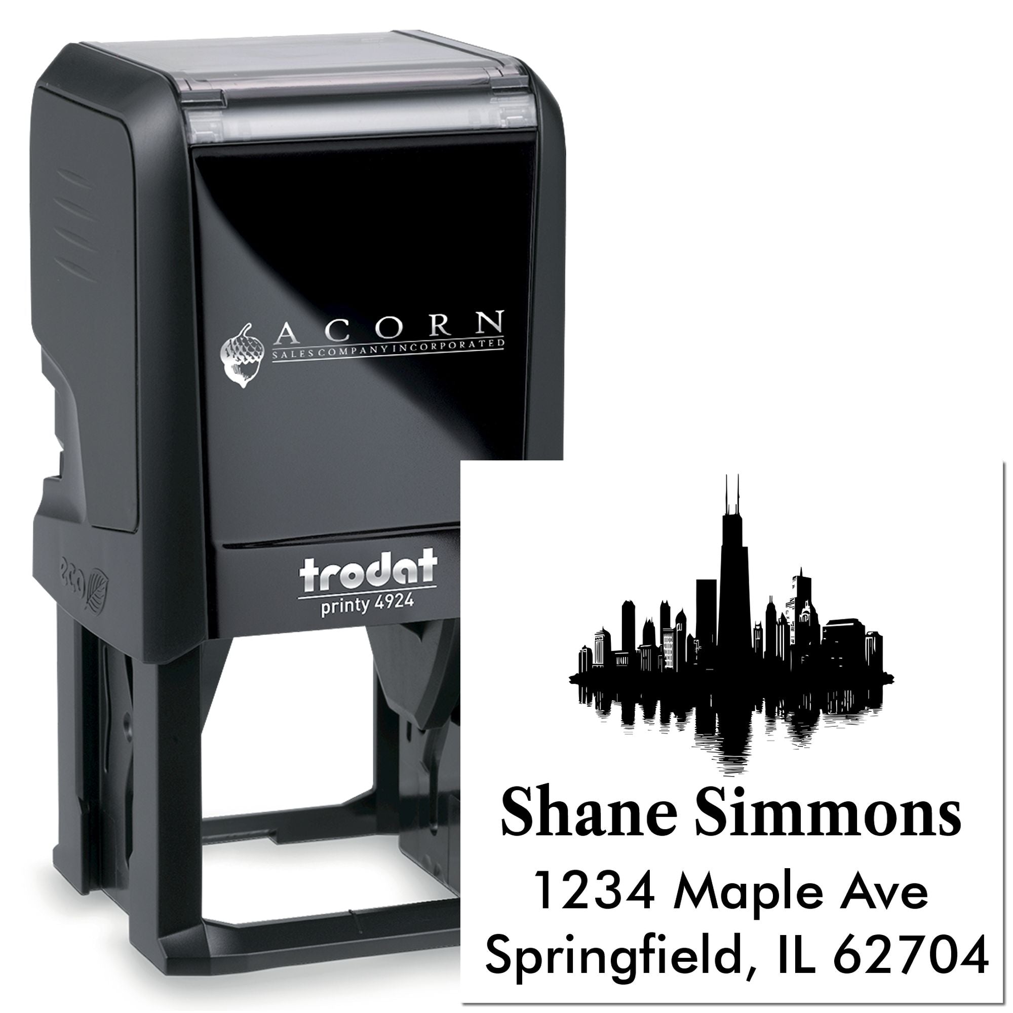 Trodat Printy 4924 self-inking rubber stamp with custom skyline address design for Shane Simmons, Springfield IL.