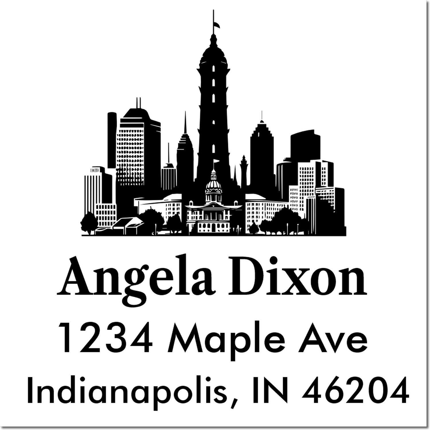 Custom return address rubber stamp with Indianapolis skyline, Angela Dixon, 1234 Maple Ave, Indianapolis, IN 46204