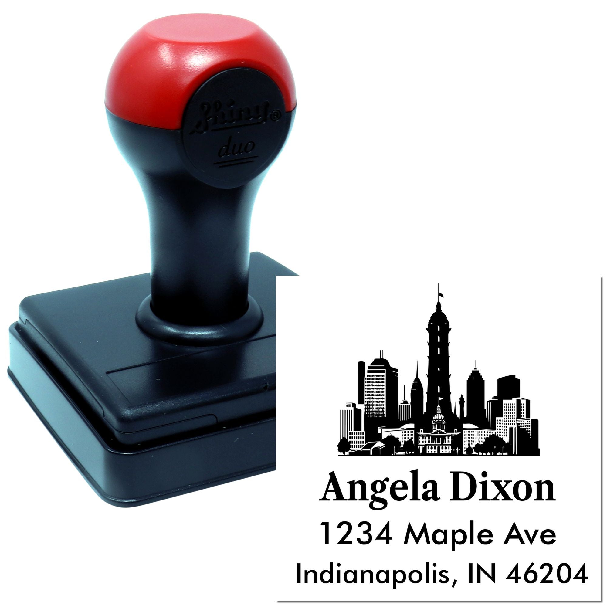 Custom self-inking address rubber stamp with Indianapolis skyline, Angela Dixon, 1234 Maple Ave, Indianapolis, IN 46204