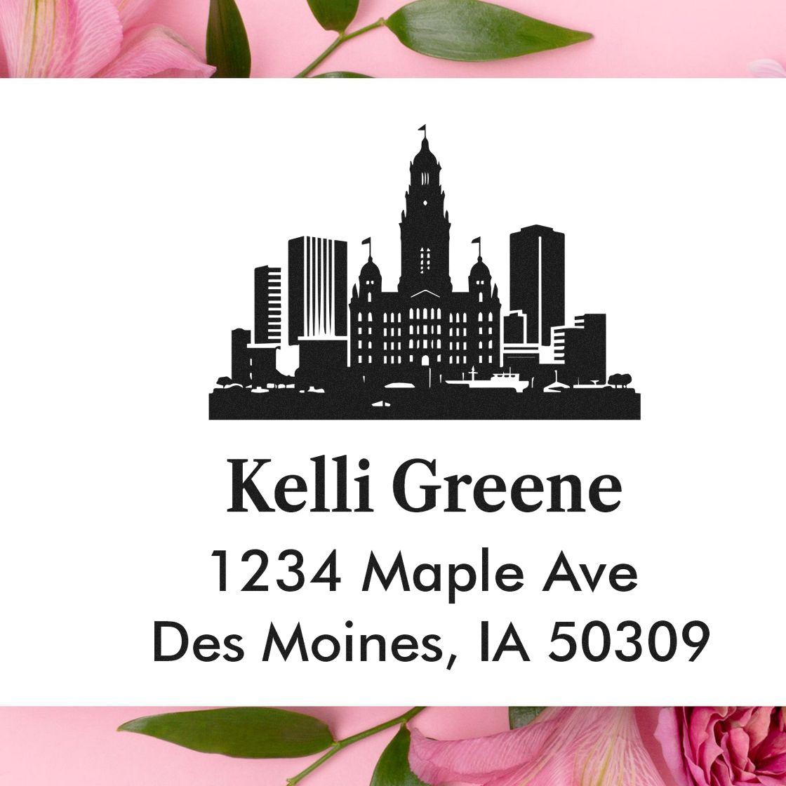 Custom rubber address stamp with city skyline, Kelli Greene, 1234 Maple Ave, Des Moines, IA 50309