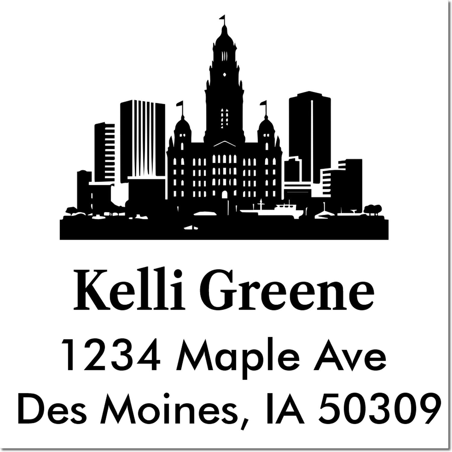 Custom return address stamp with Des Moines skyline logo for Kelli Greene, 1234 Maple Ave, Des Moines, IA 50309.