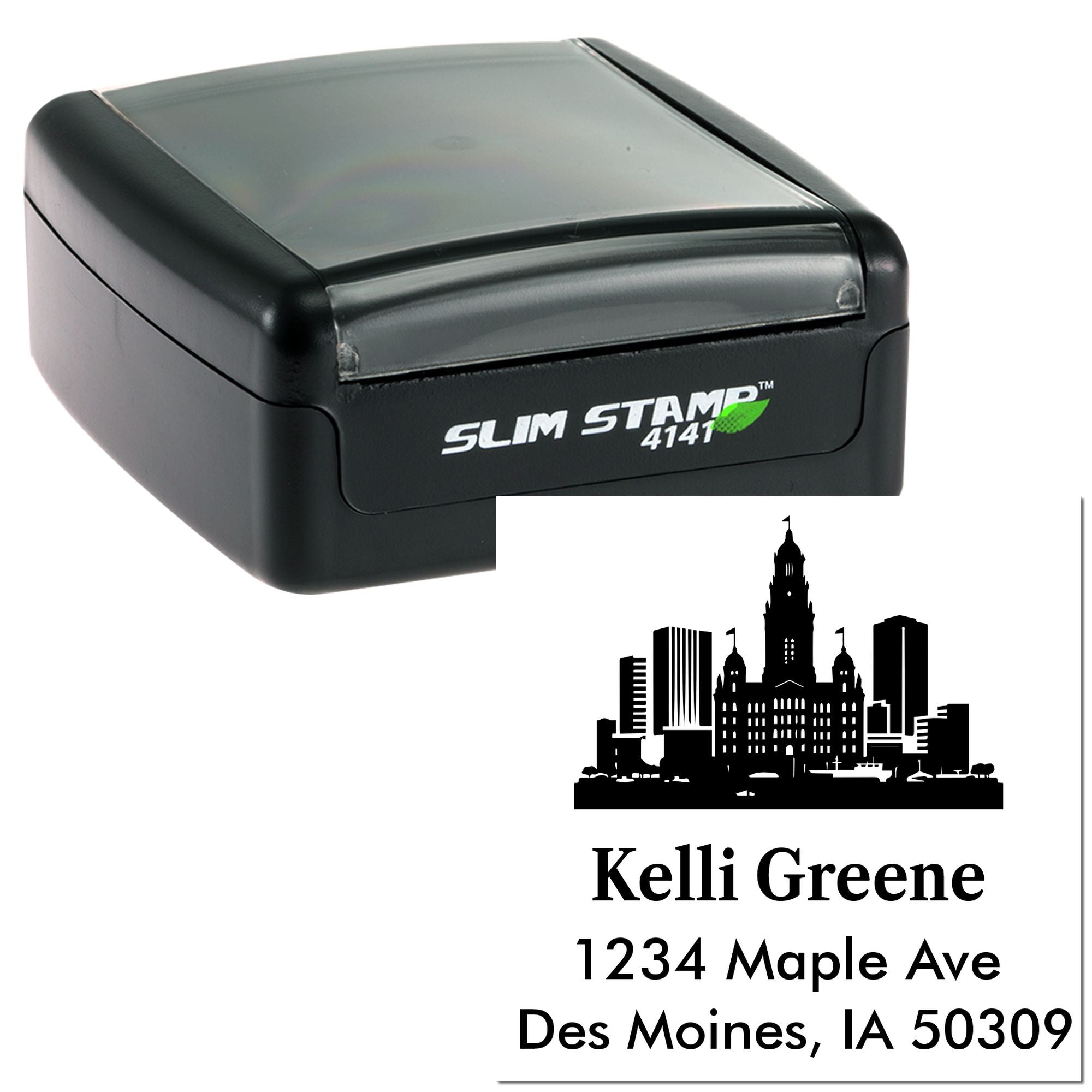 Custom self-inking rubber address stamp with city skyline design and personalized name and return address imprint