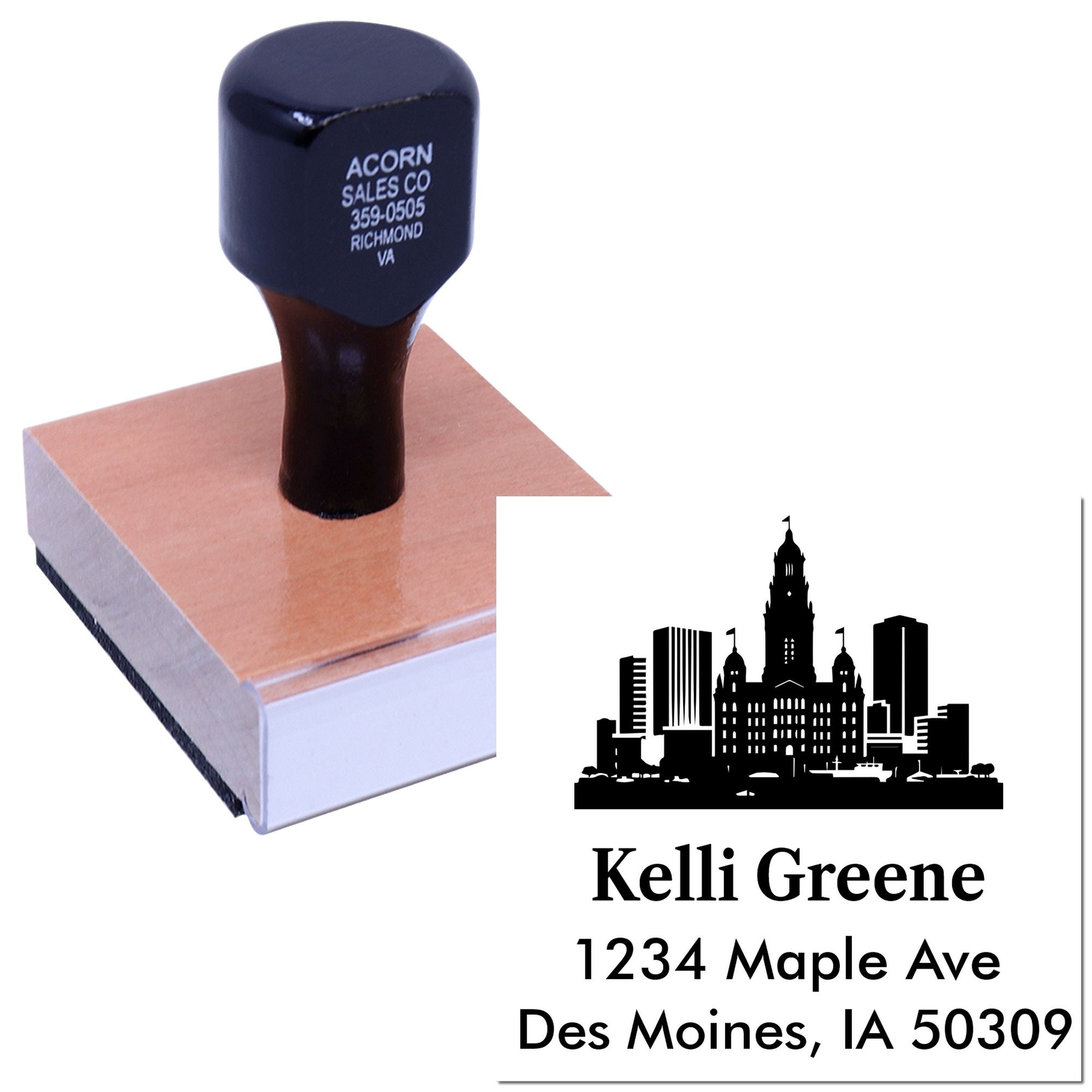 Custom rubber address stamp with city skyline logo and personalized name and address for business mailings.