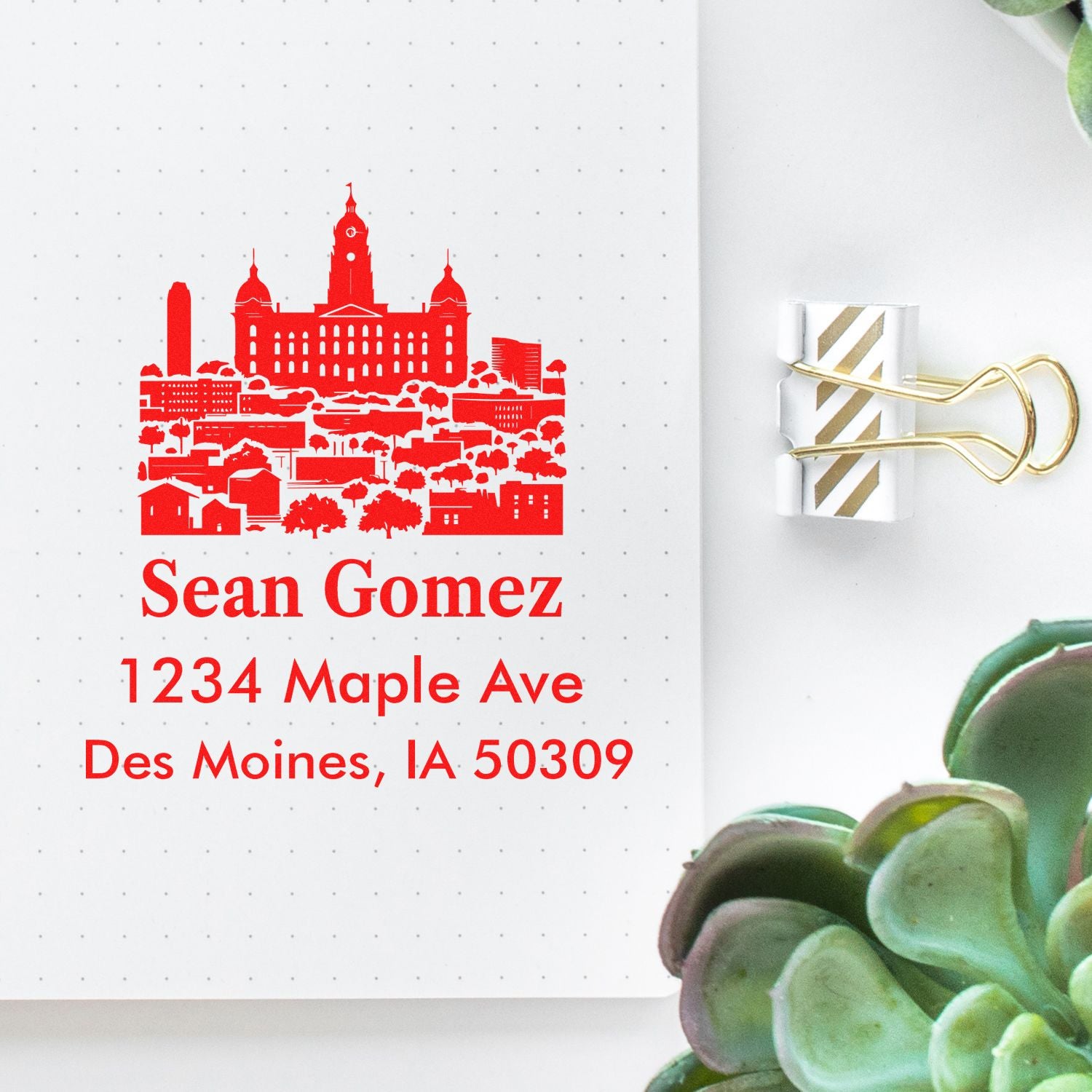 Custom return address rubber stamp with Des Moines skyline, Sean Gomez, and 1234 Maple Ave for personalized mailing.