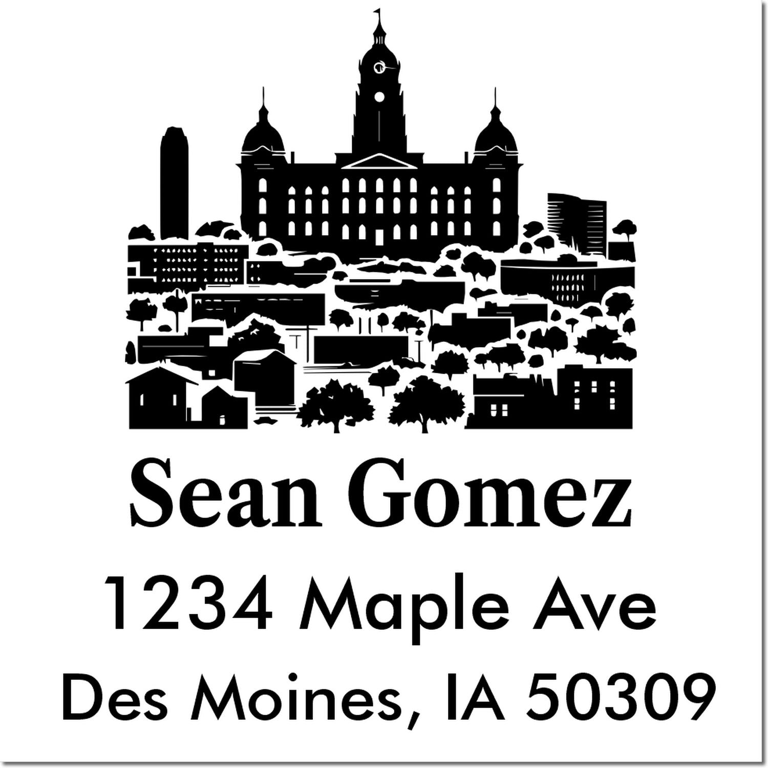 Custom address rubber stamp with Des Moines skyline, Sean Gomez, 1234 Maple Ave, Des Moines, IA 50309.