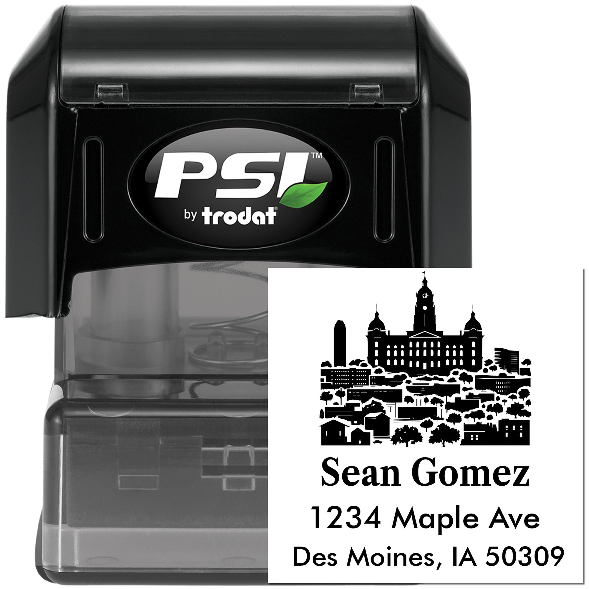 Custom self-inking rubber address stamp by PSI Trodat with skyline design for Sean Gomez, Des Moines, IA.
