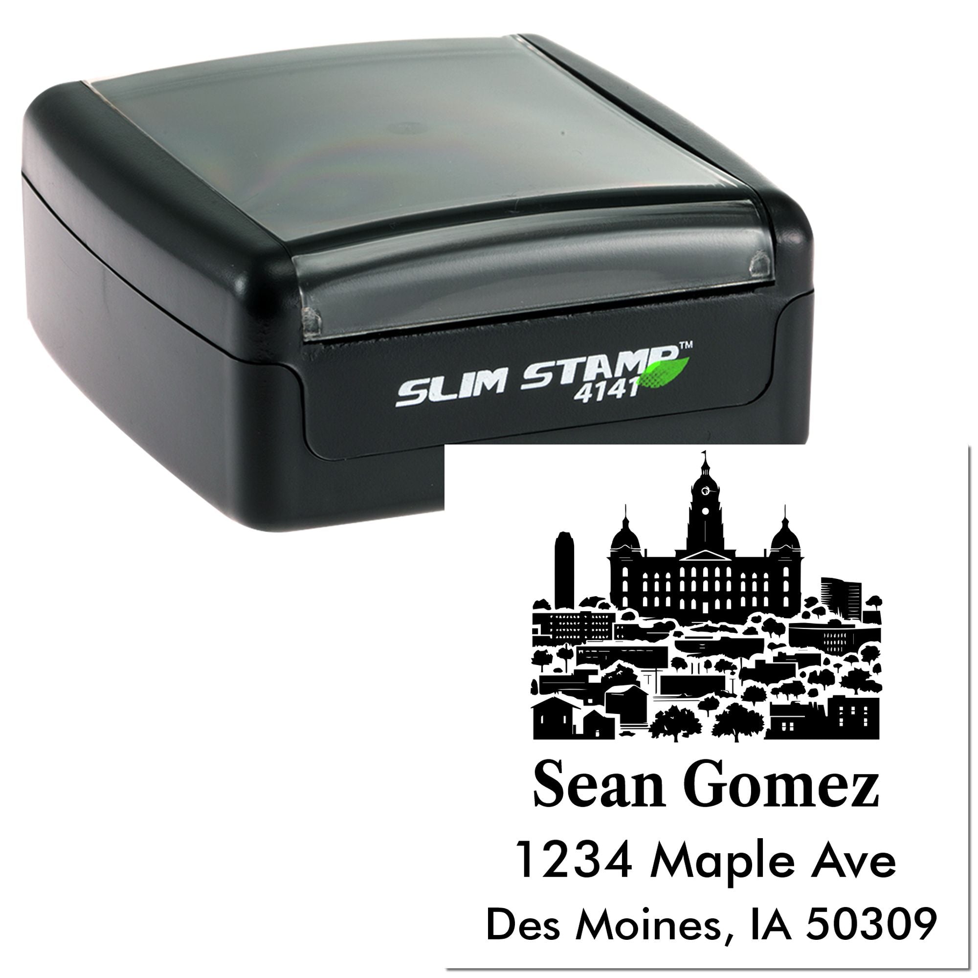 Custom self-inking Slim Stamp 4141 rubber address stamp with city skyline logo, name, and mailing address.