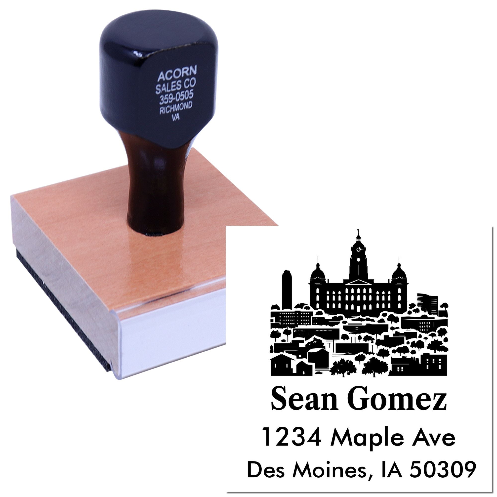 Personalized return address rubber stamp with city skyline design for Sean Gomez, Des Moines, IA 50309