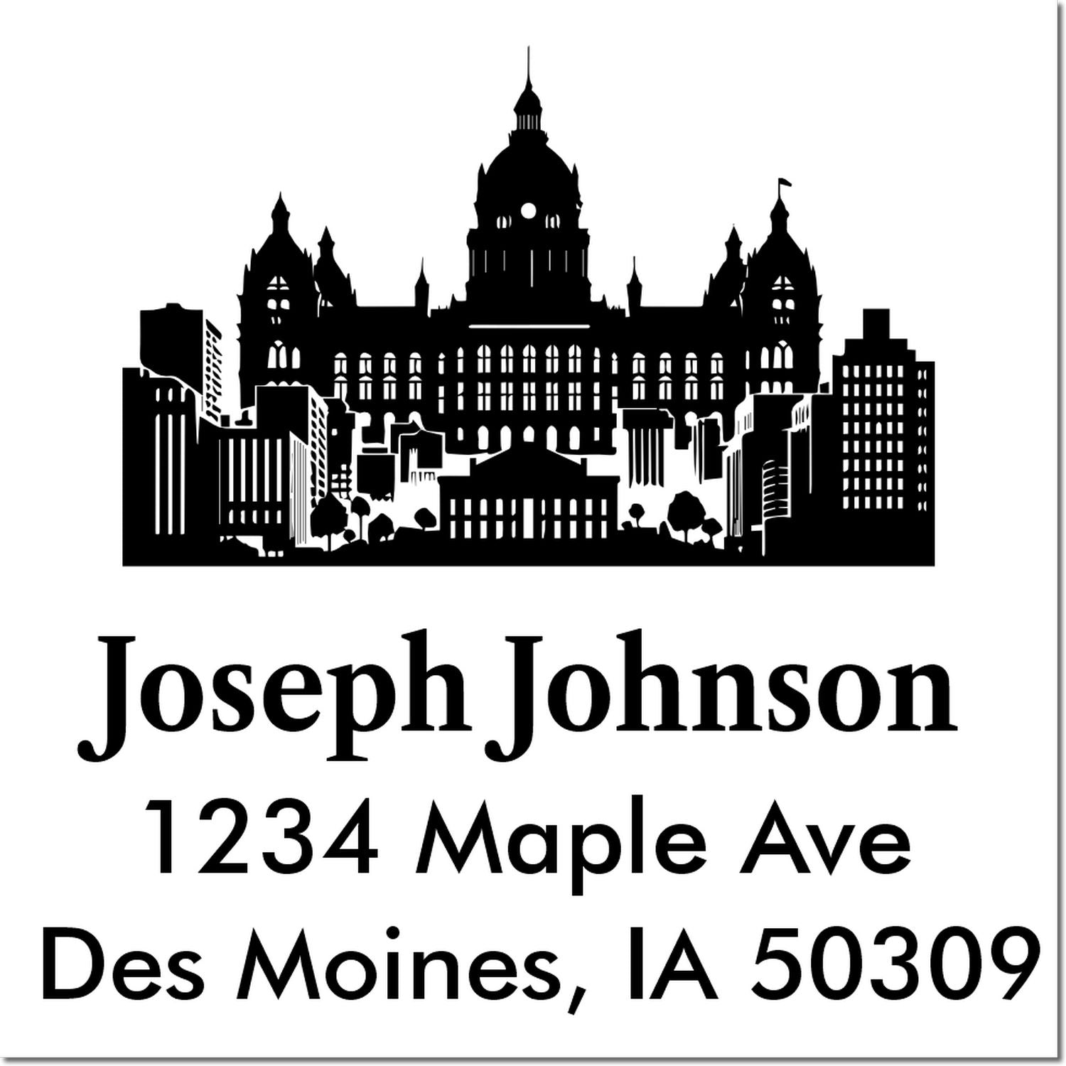 Custom return address rubber stamp with Des Moines skyline, Joseph Johnson, and 1234 Maple Ave, Des Moines, IA 50309.
